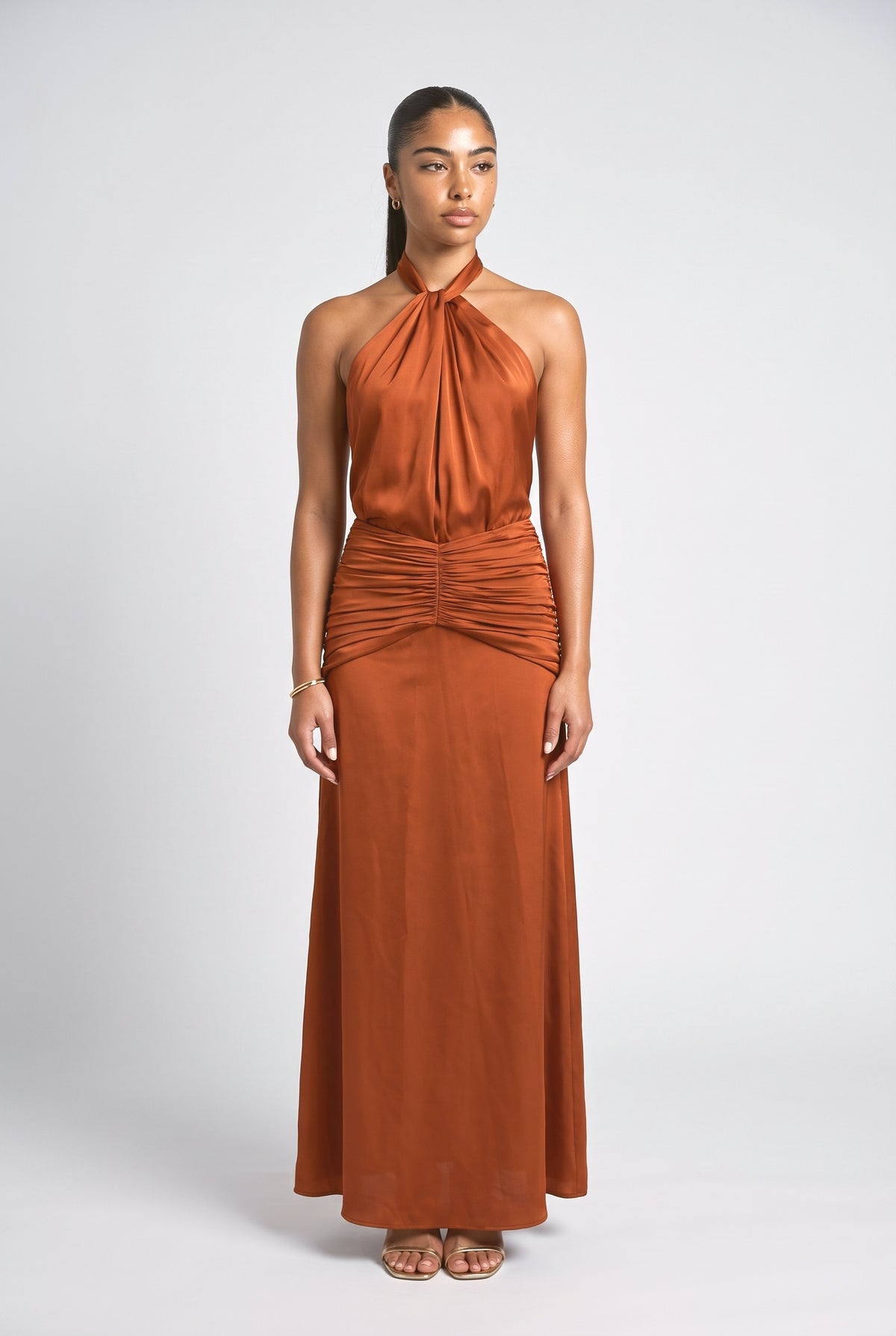 Satin Pleated Maxi Dress, brown