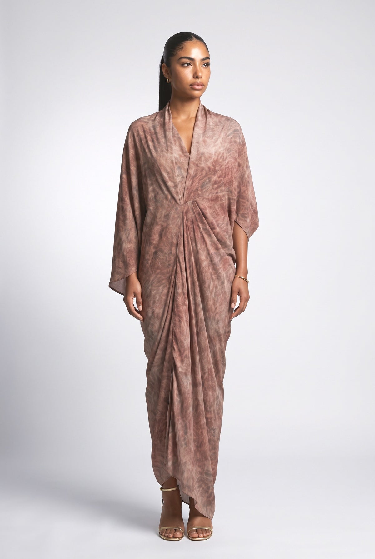 Brown Batwing Sleeve Draped Maxi Dress, brown