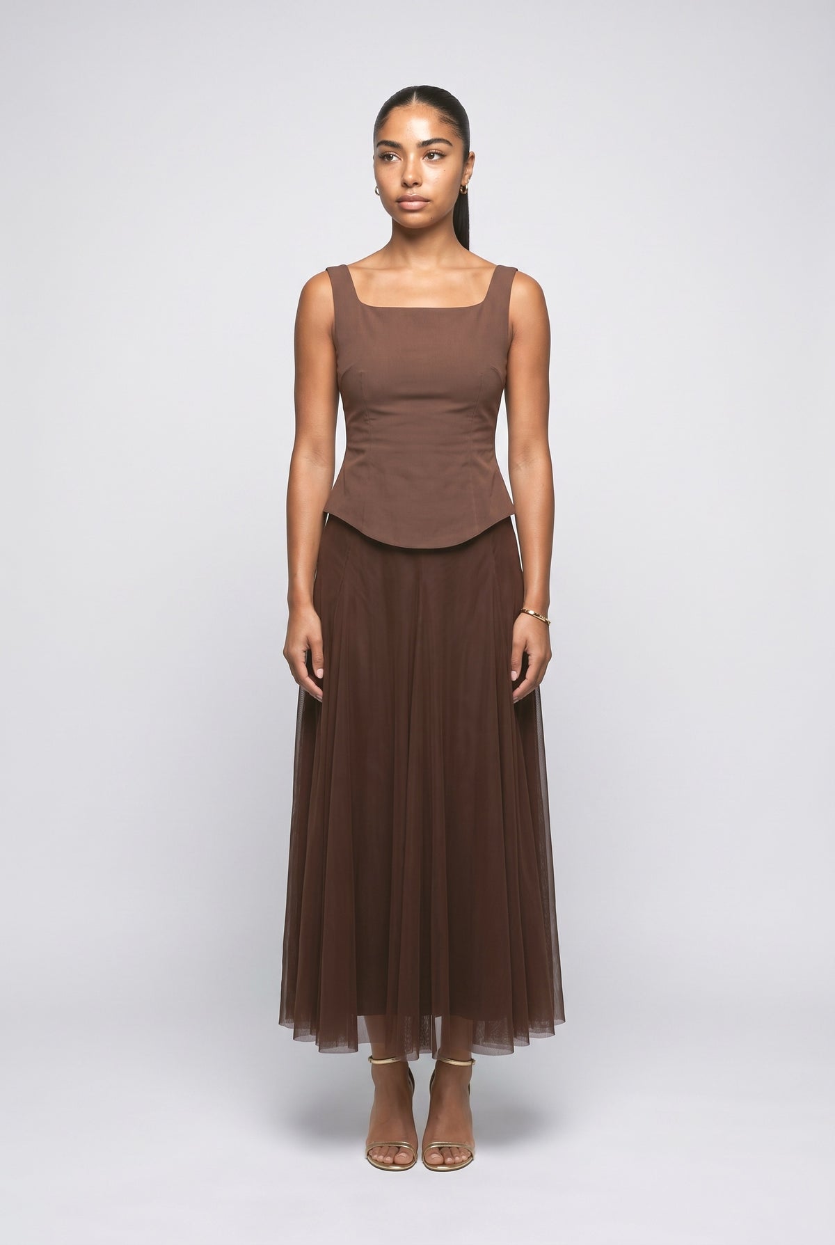 Brown Square Neck Outfit Set, brown