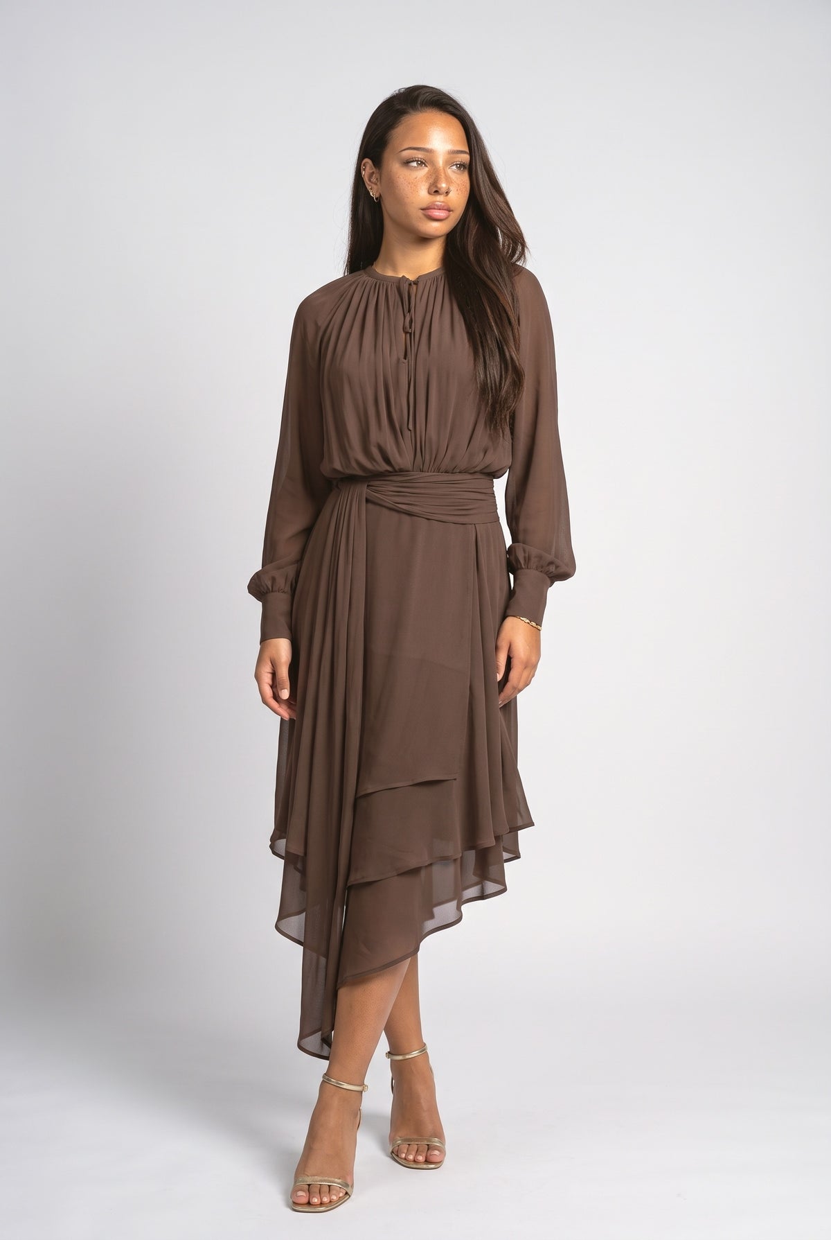 Chiffon Long Sleeve Asymmetric Midi Dress, brown