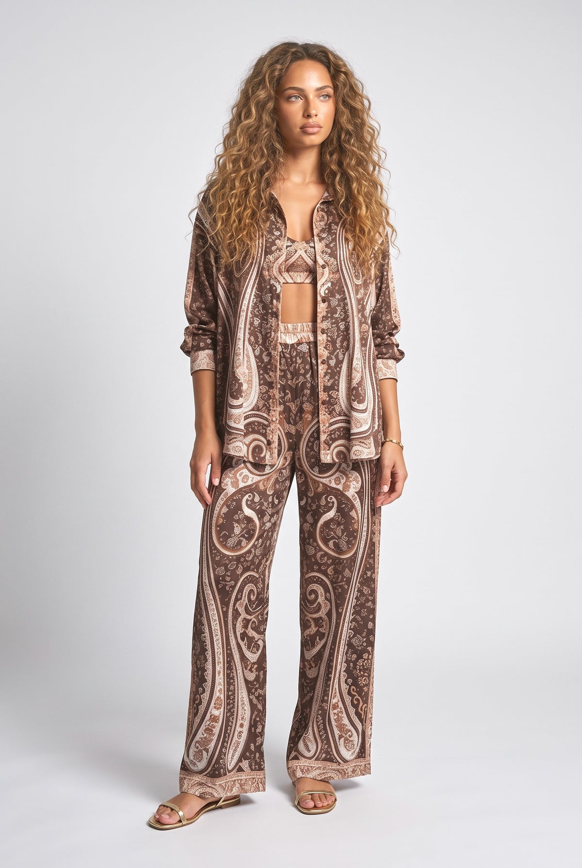 Brown Paisley Satin Outfit Set, brown
