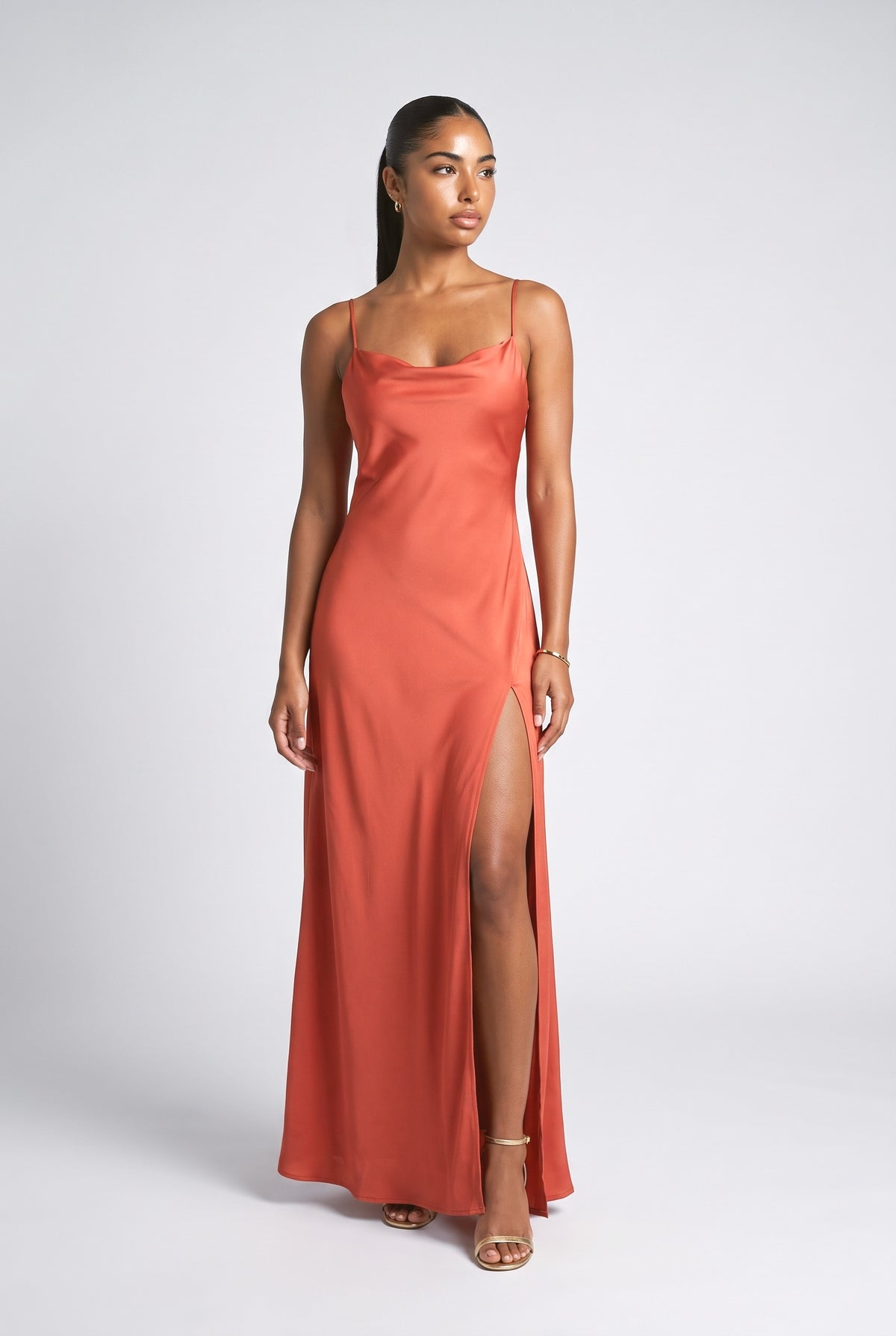 Satin Slit Maxi Dress, brown