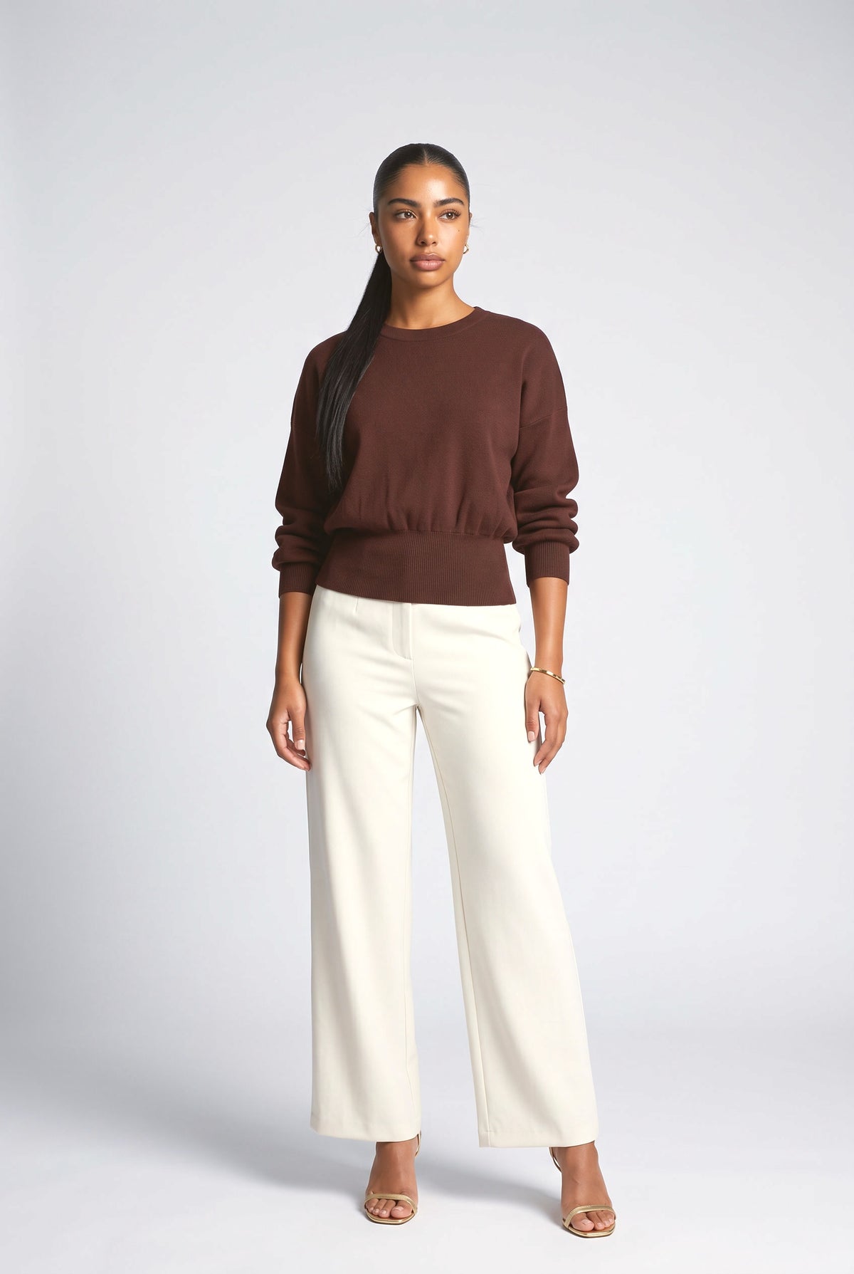Knit V-Neck Top, brown