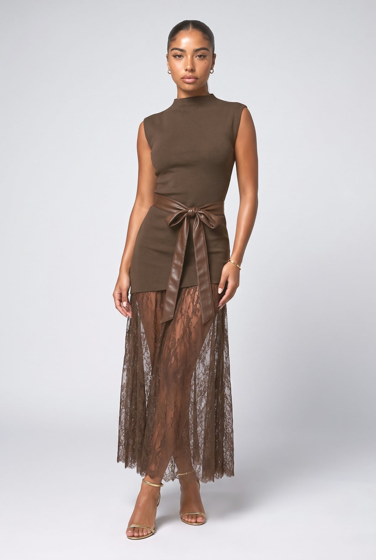 Sleeveless Lace Panel Maxi Dress, brown