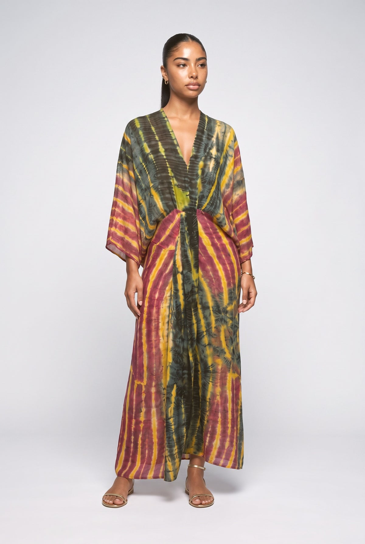 Print V-Neck Slit Maxi Dress, brown