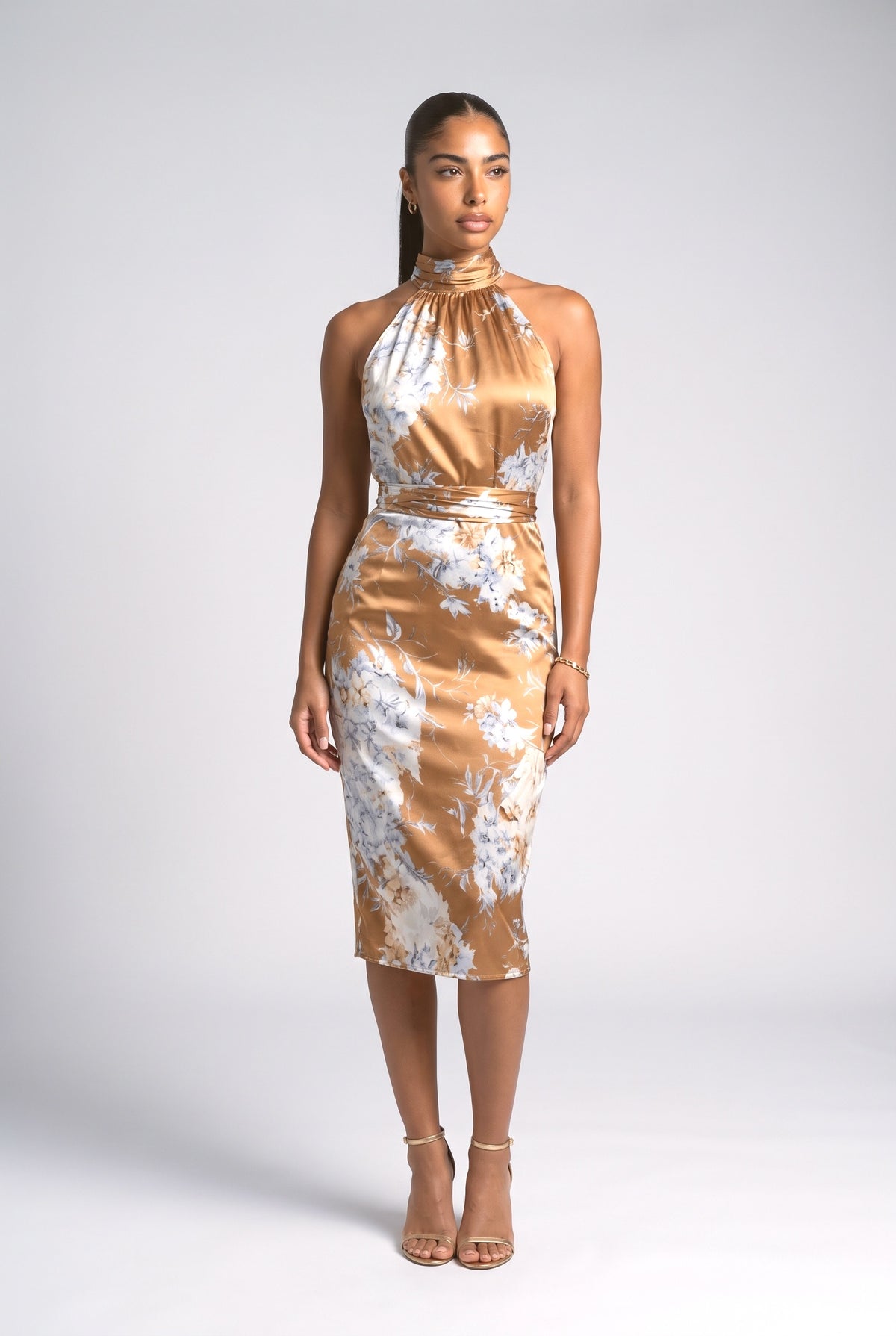 Brown Print Sleeveless Midi Dress, brown