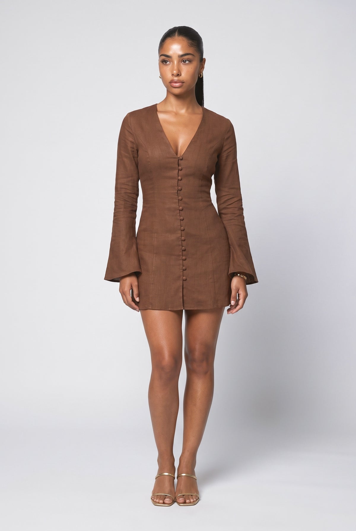 Button-Front Flared Sleeve Shirt Mini Dress, brown