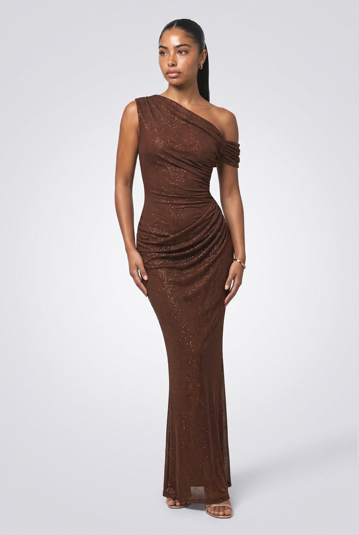 Brown Mesh One-Shoulder Mermaid Maxi Dress, brown