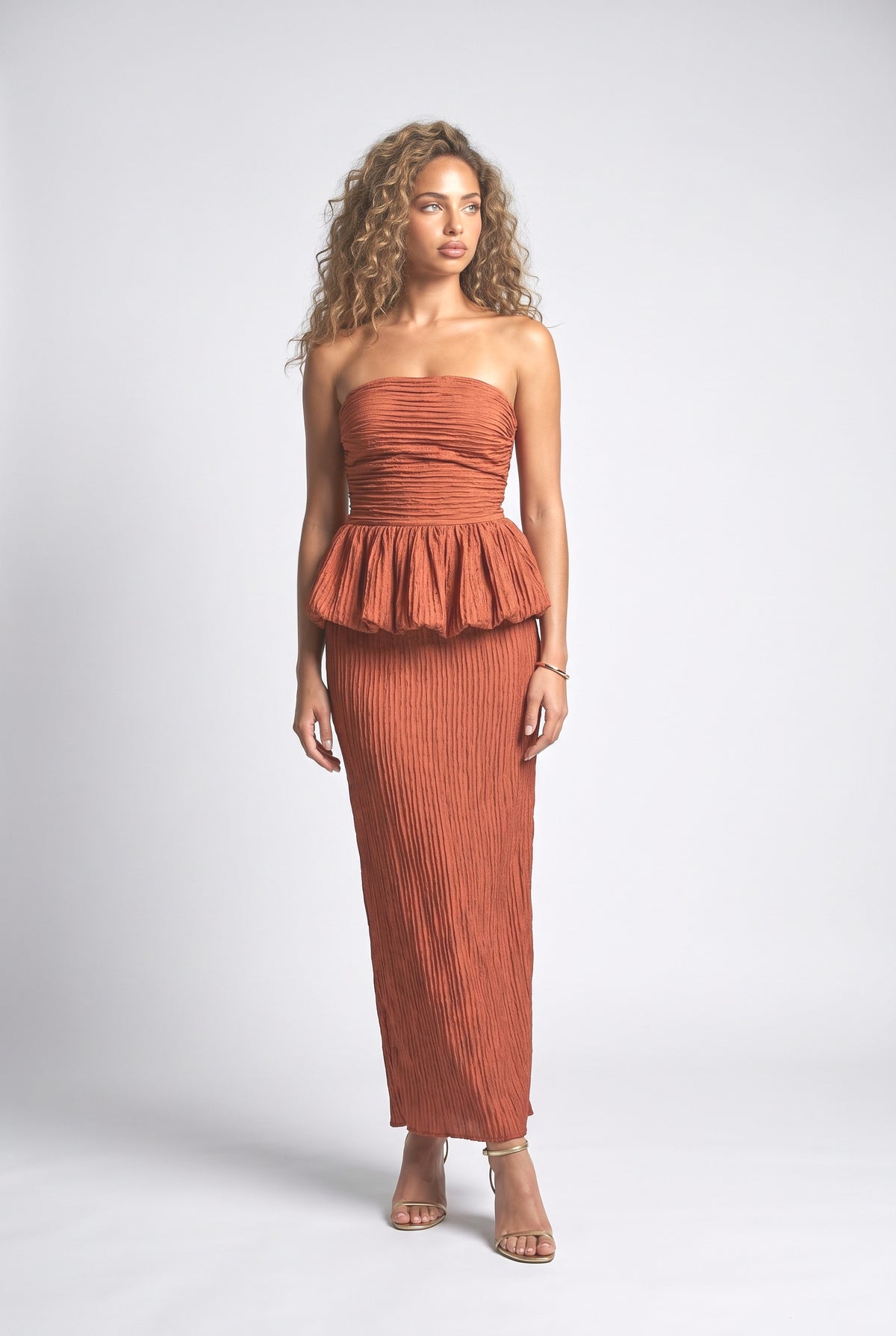 Strapless Ruched Outfit Set, brown