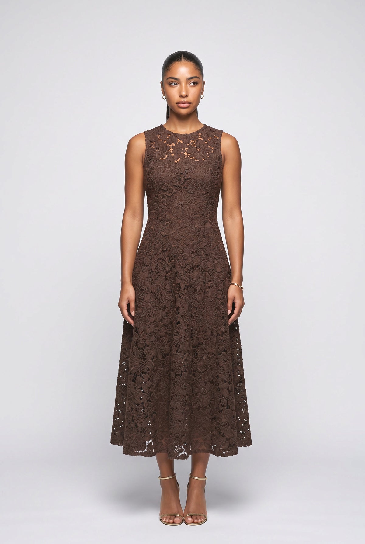 Floral Lace Sleeveless Midi Dress, brown