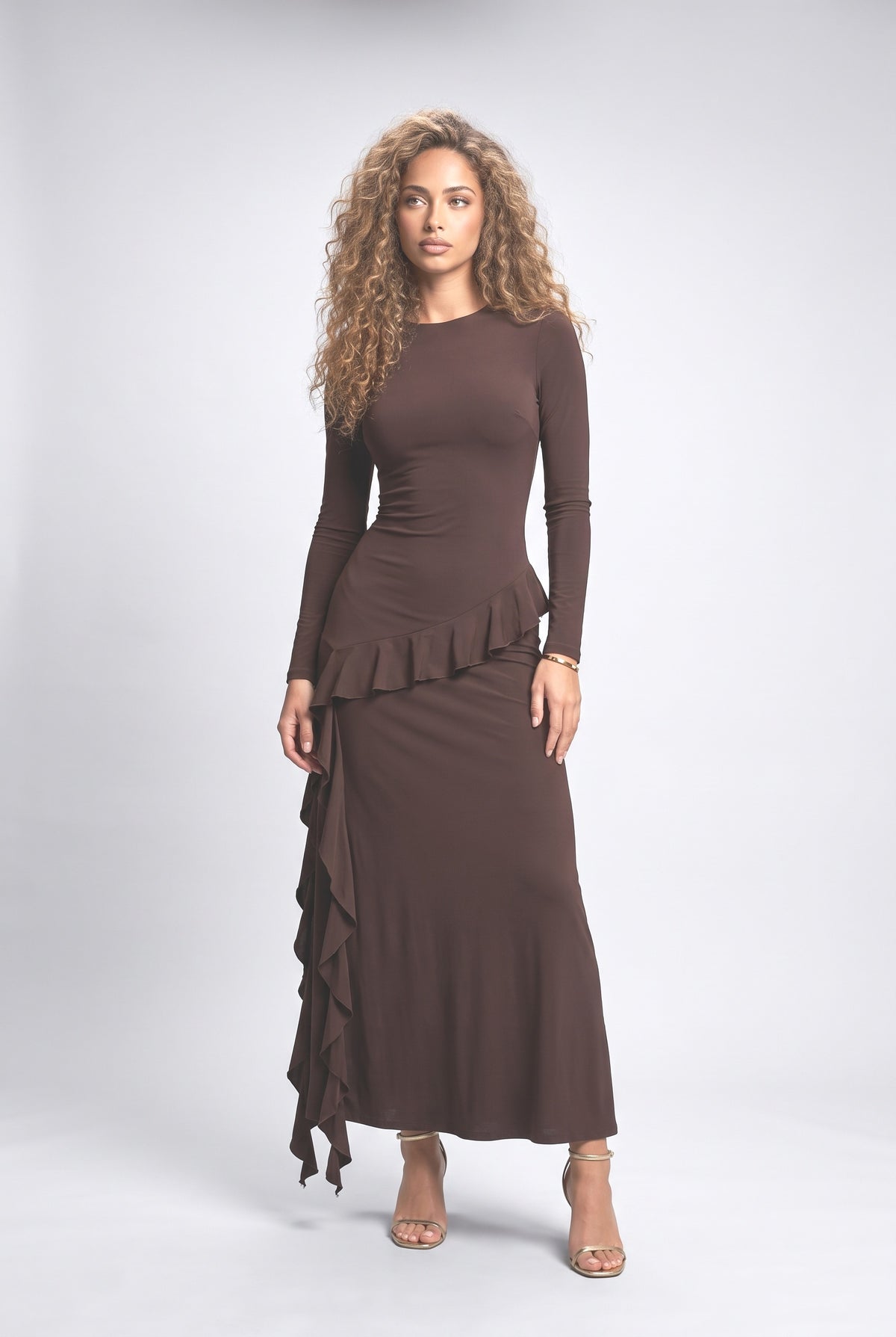 Ruffled Long Sleeve Maxi Dress, brown