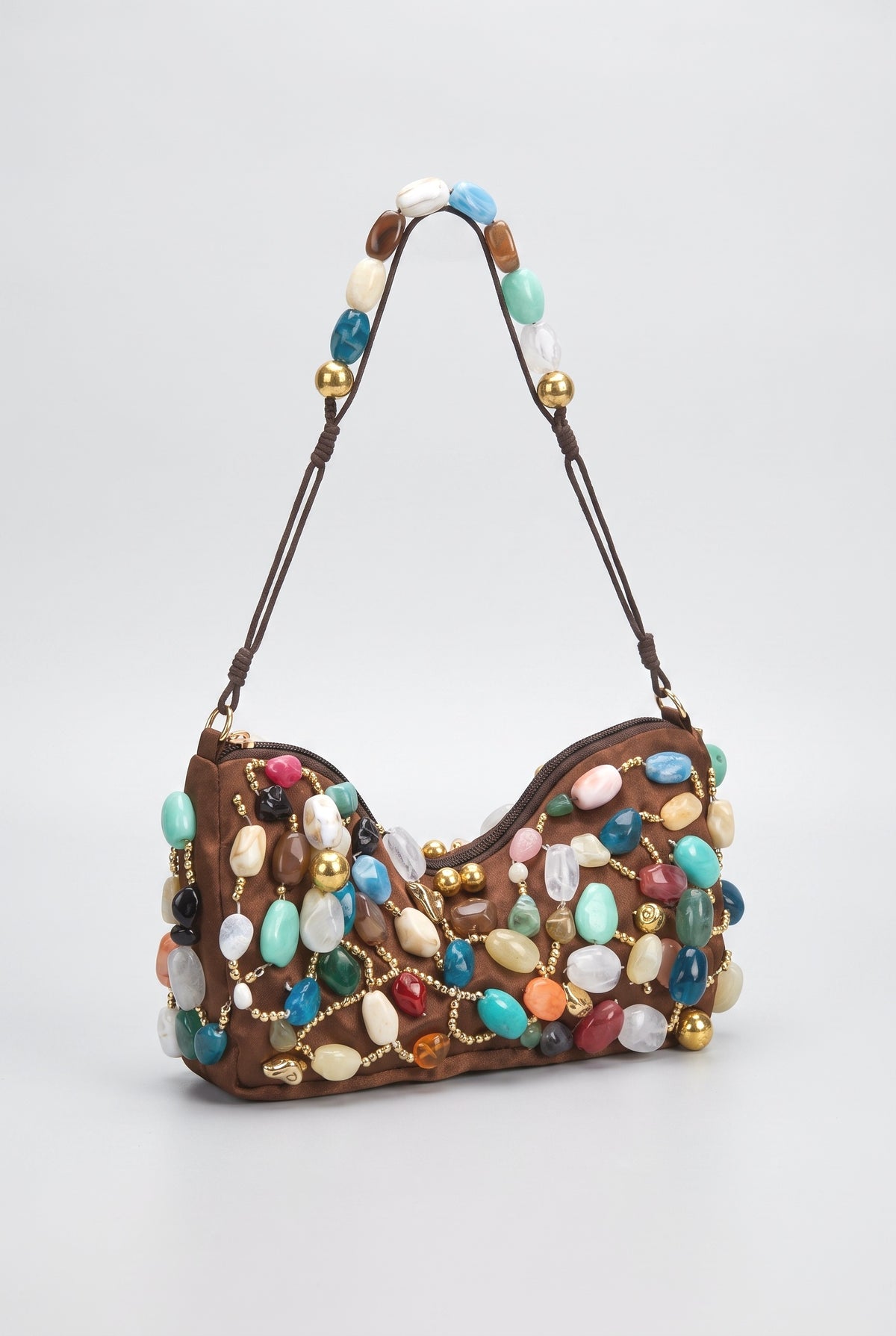 Bohemian Multicolor Stone Beaded Hobo Underarm Shoulder Bag, brown