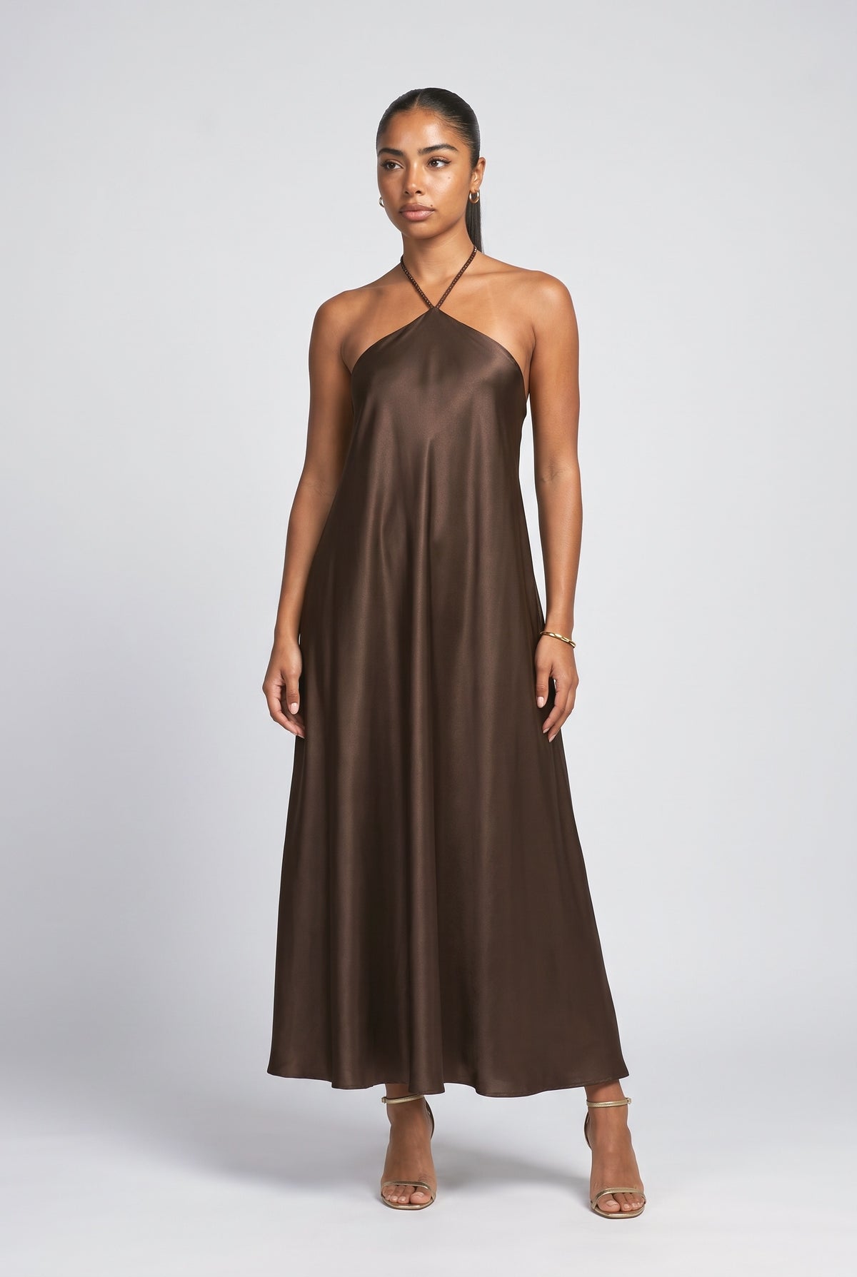 Beaded Halter Neck Flowy Maxi Dress, brown
