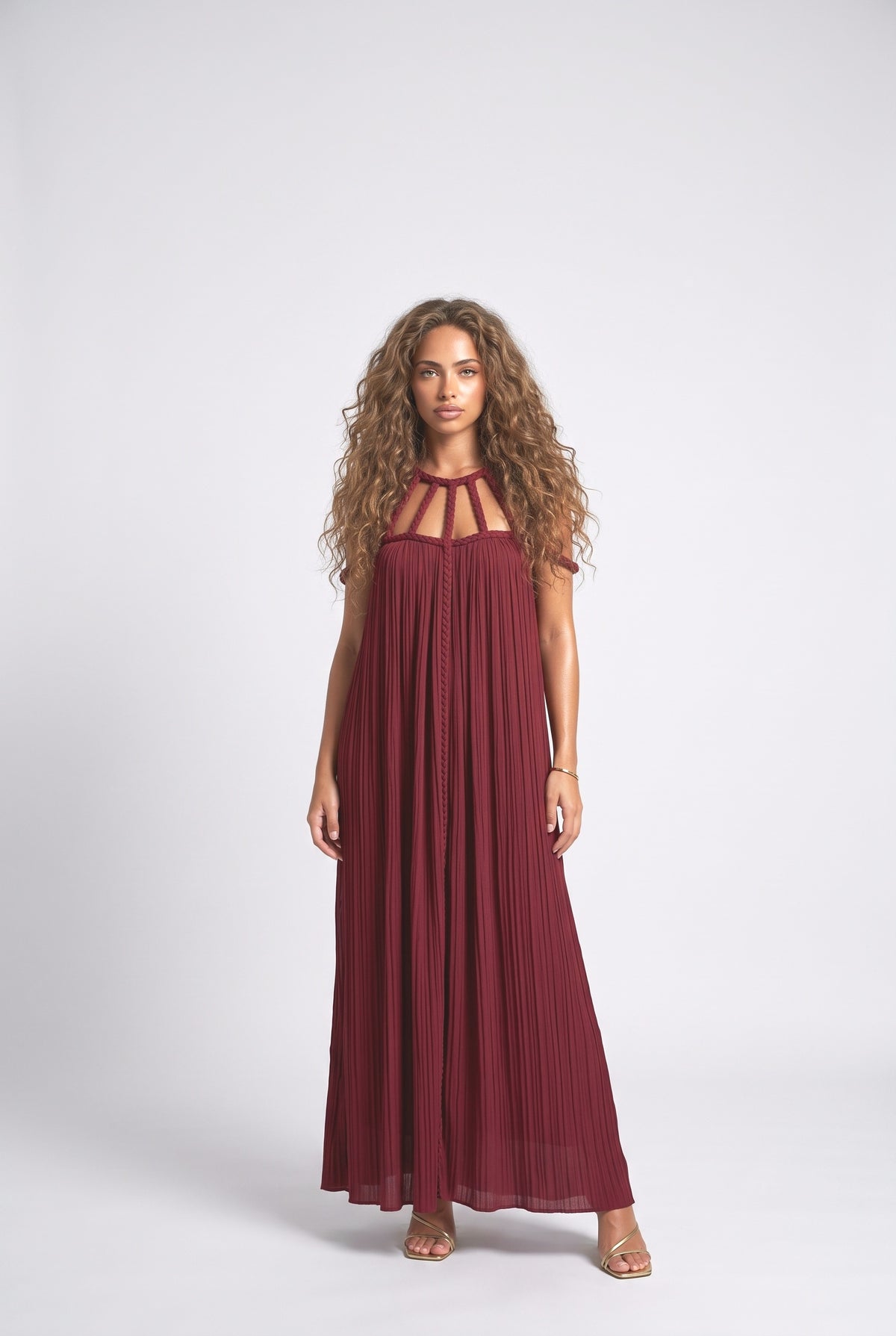 Draped Braids Cover Up Maxi Dress, burgundy