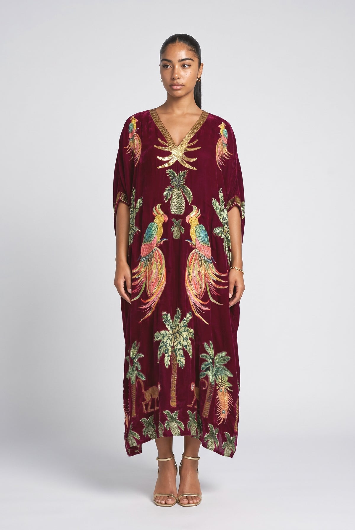Drop Shoulder Sleeve Coconut Tree Printed Dress, burgundy