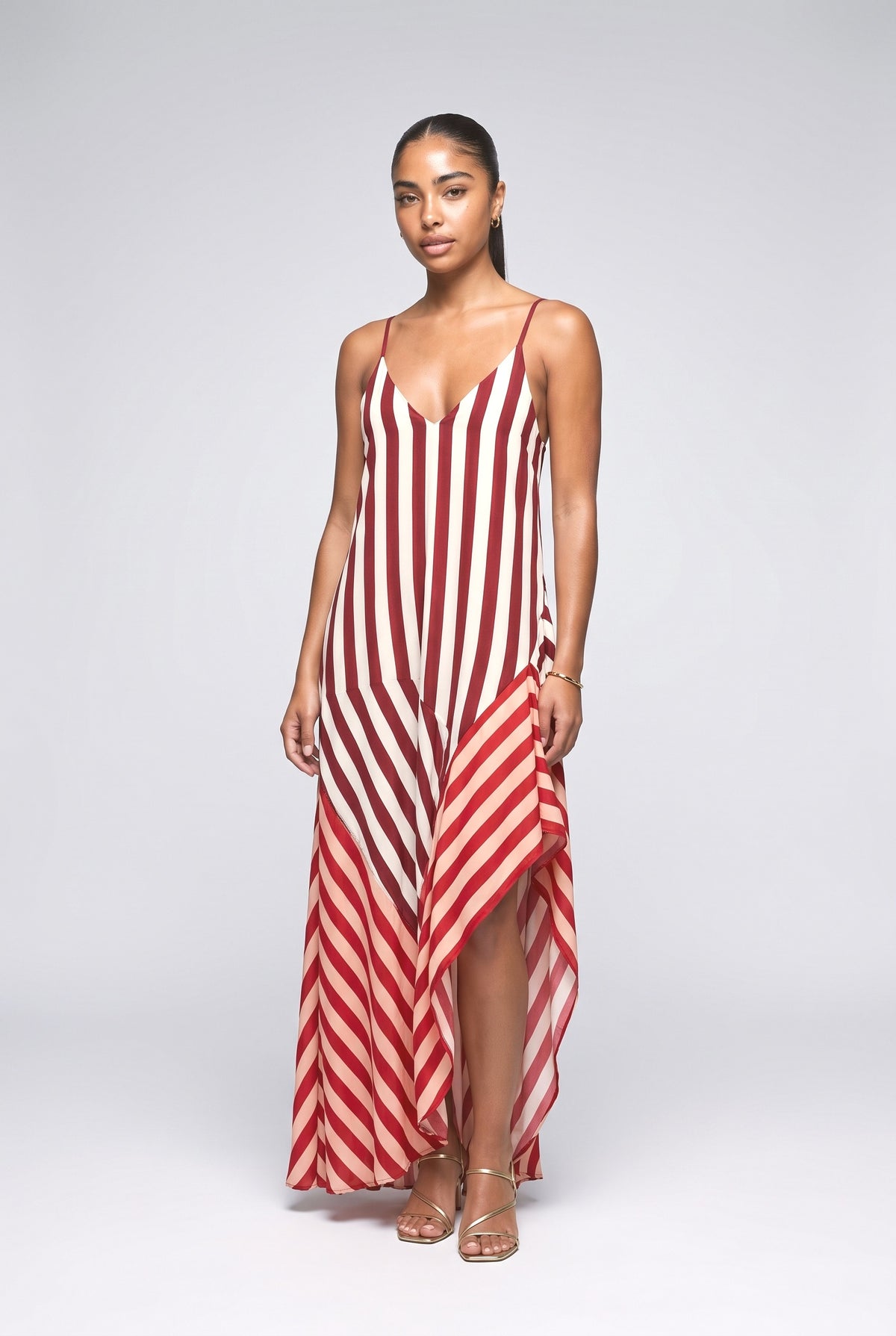 Burgundy Striped Asymmetric Maxi Dress, burgundy