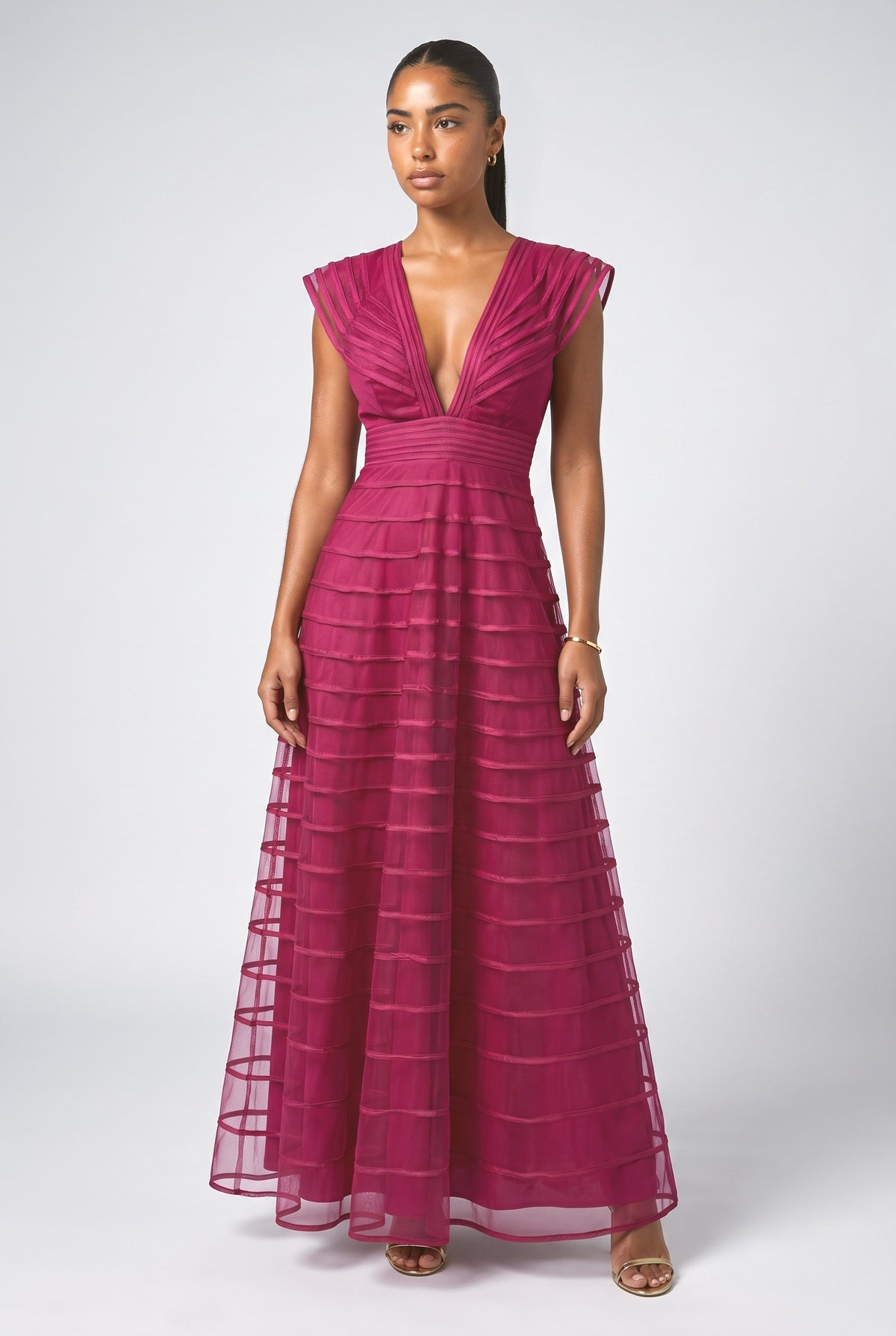 Mesh V-Neck Maxi Dress, burgundy