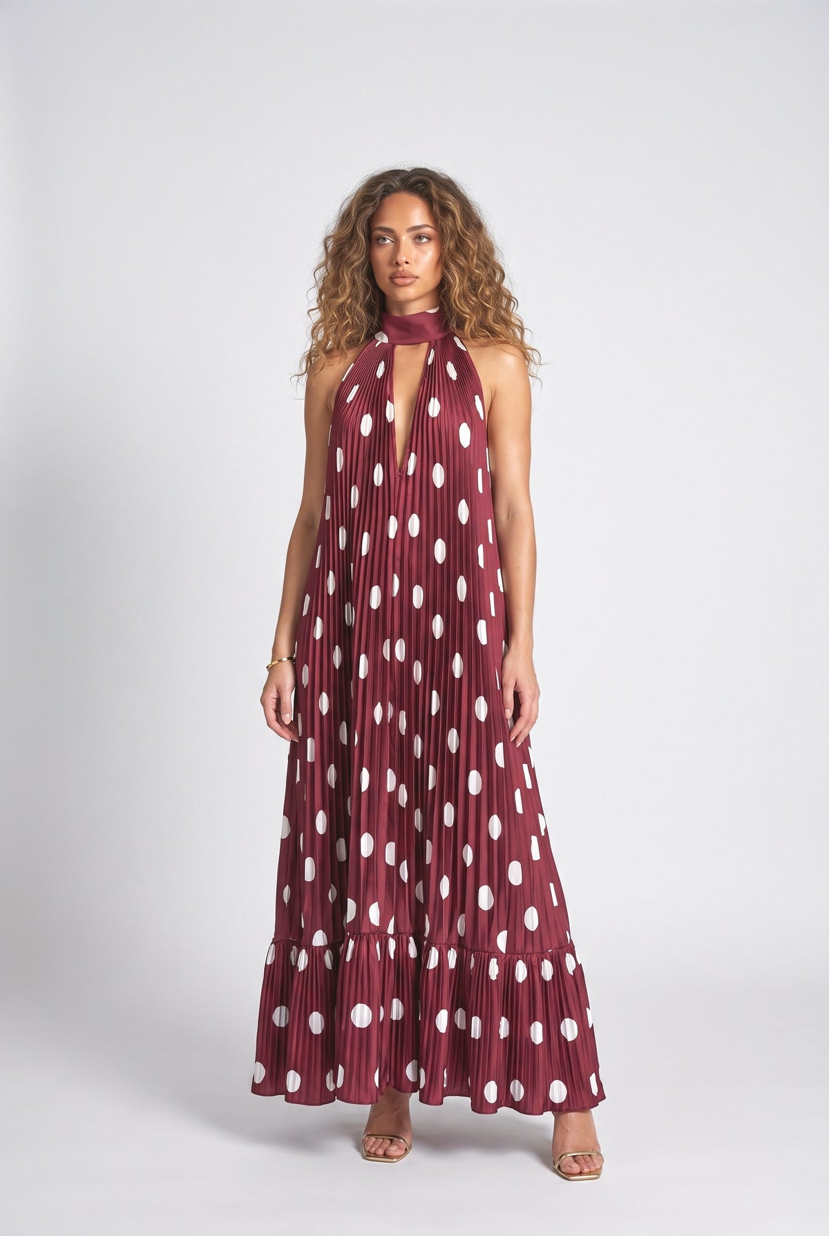 Polka Dot Halter Neck Maxi Dress, burgundy