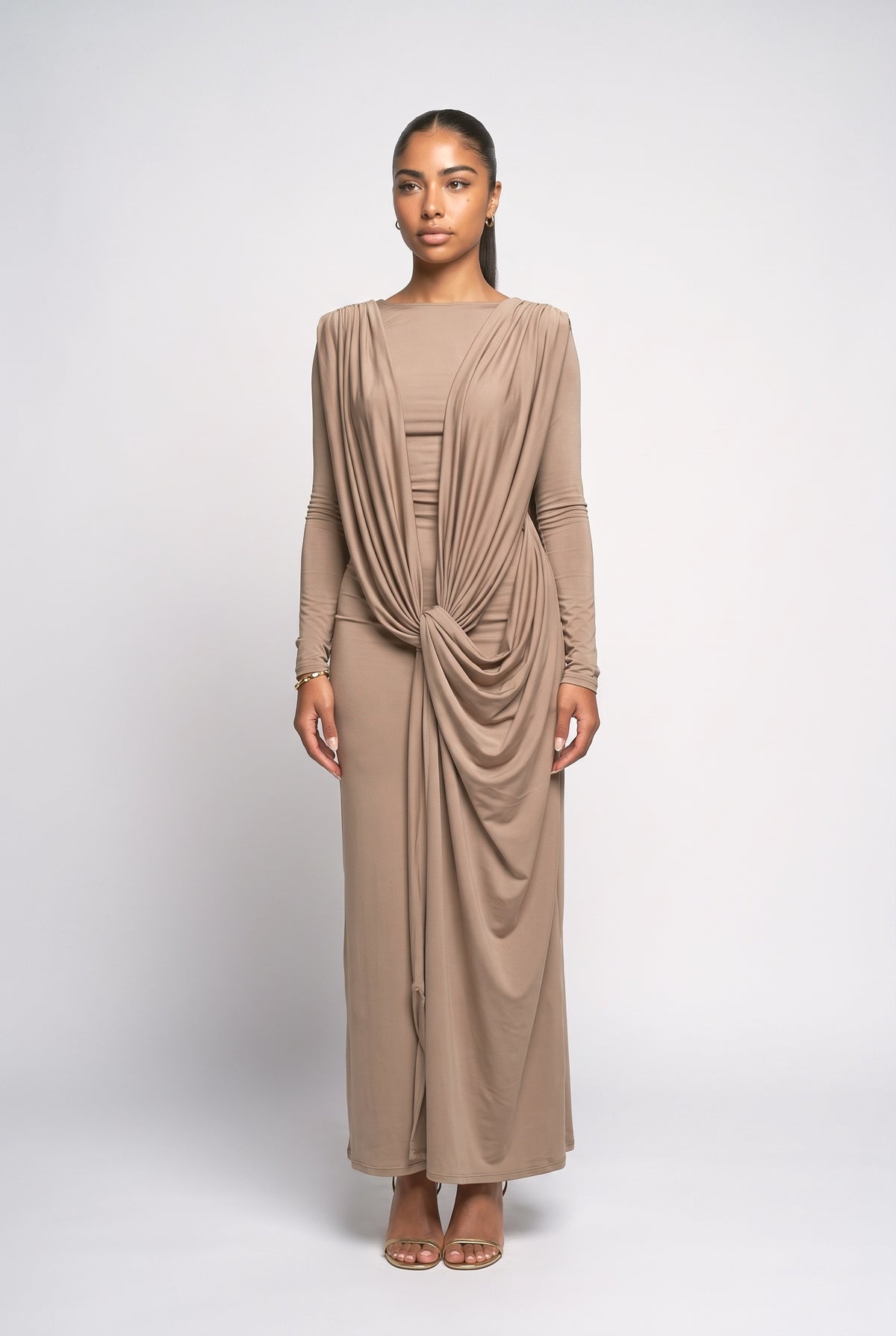 Long Sleeve Draped Maxi Dress, camel