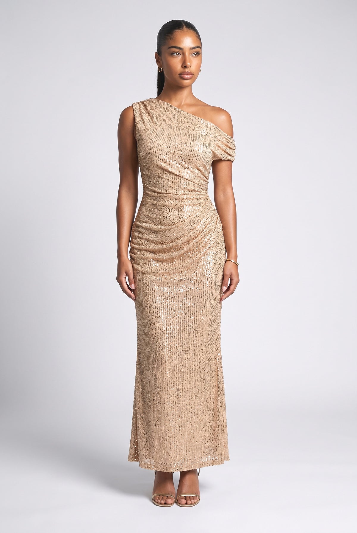 Off-Shoulder Shiny Pleated Maxi Dress, champagne