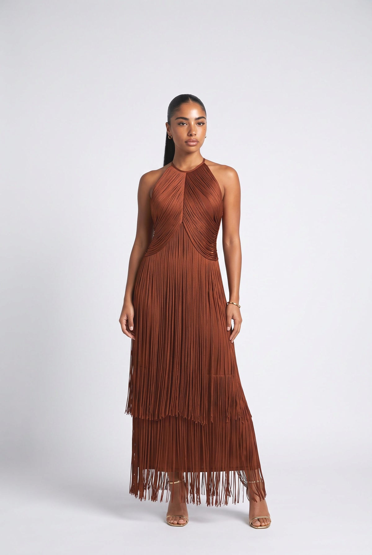 Halter Neck Sleeveless Maxi Dress, coffee