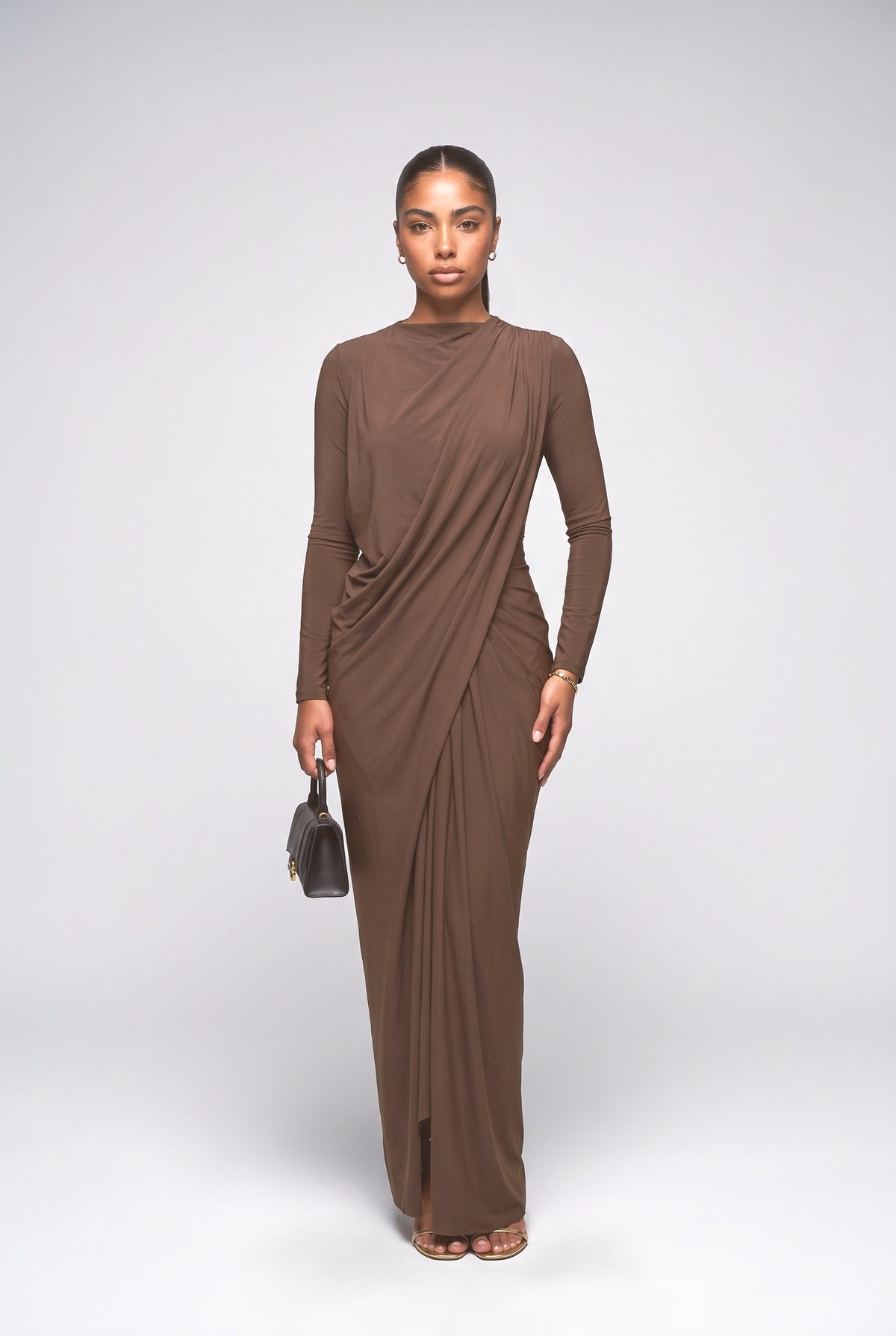 Brown Long Sleeve Pleated Maxi Dress, coffee