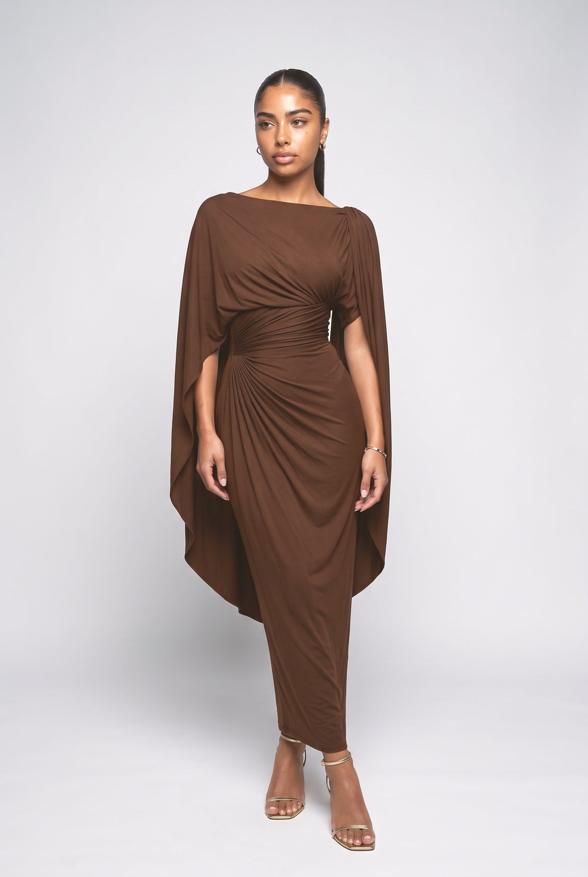 Boat Neck Pleated Slim Fit Maxi Dress, coffee