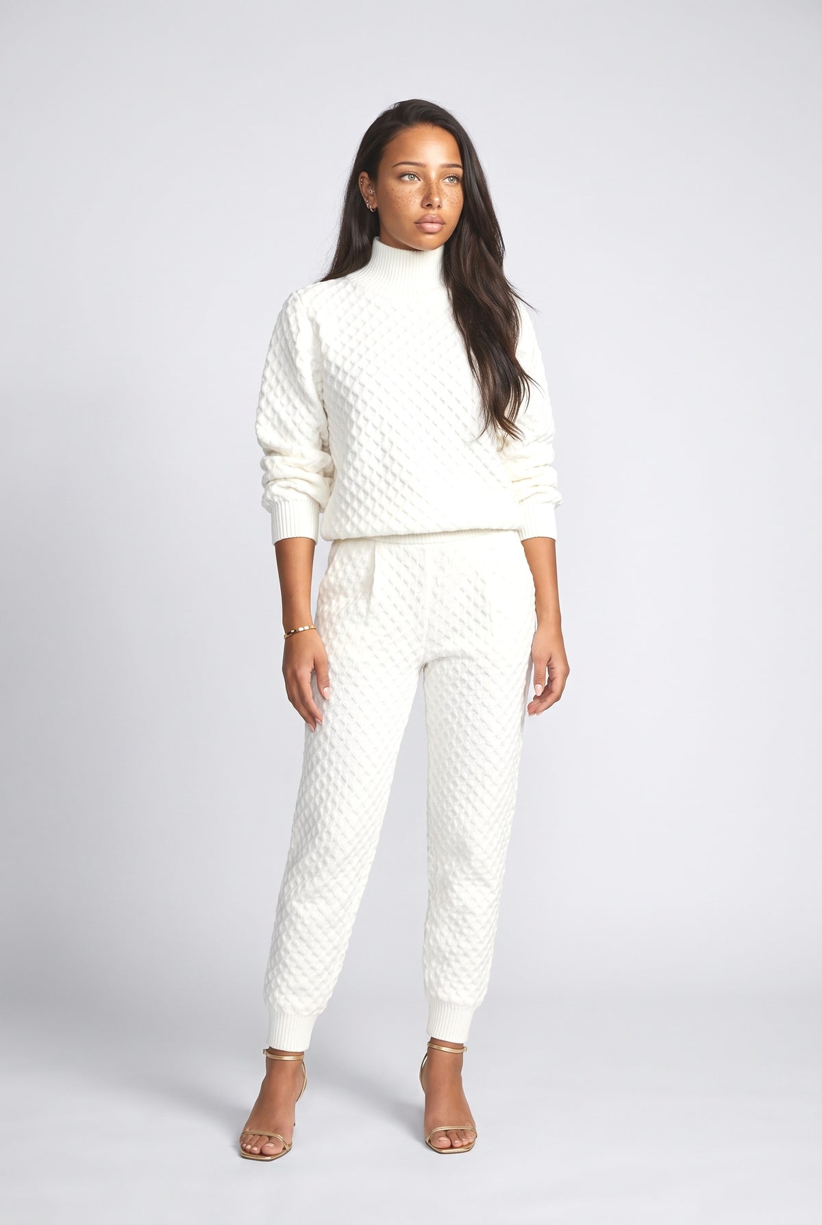 Textured Knit Top & Pants Set, cream pants