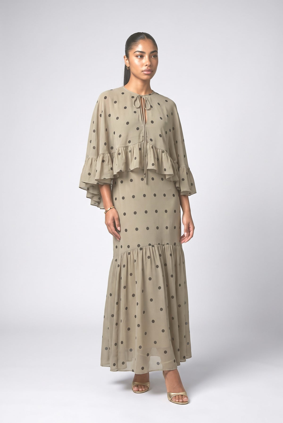 Beige Polka Dot Chiffon Ruffle Maxi Dress, cream set