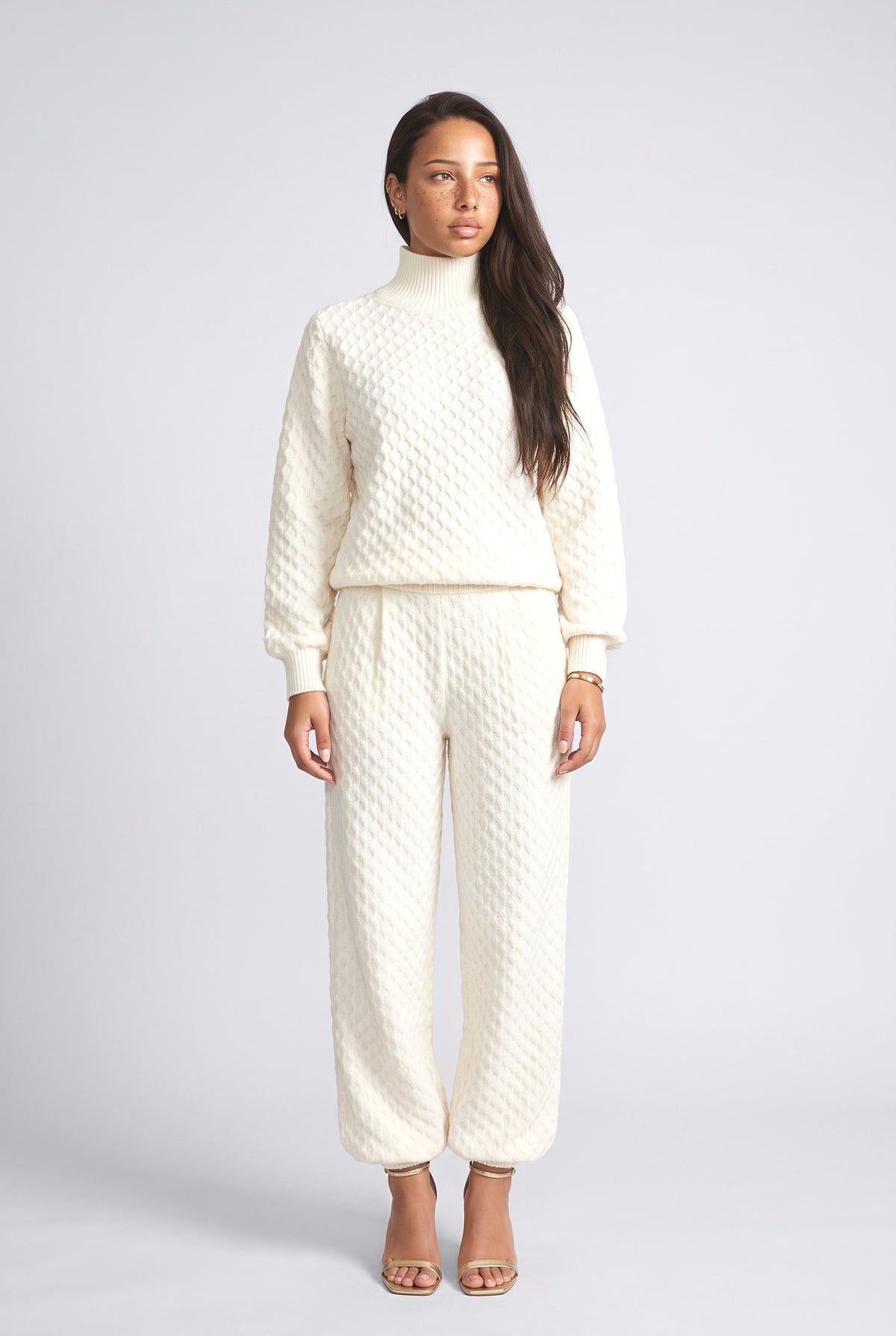 Textured Knit Top & Pants Set, cream set