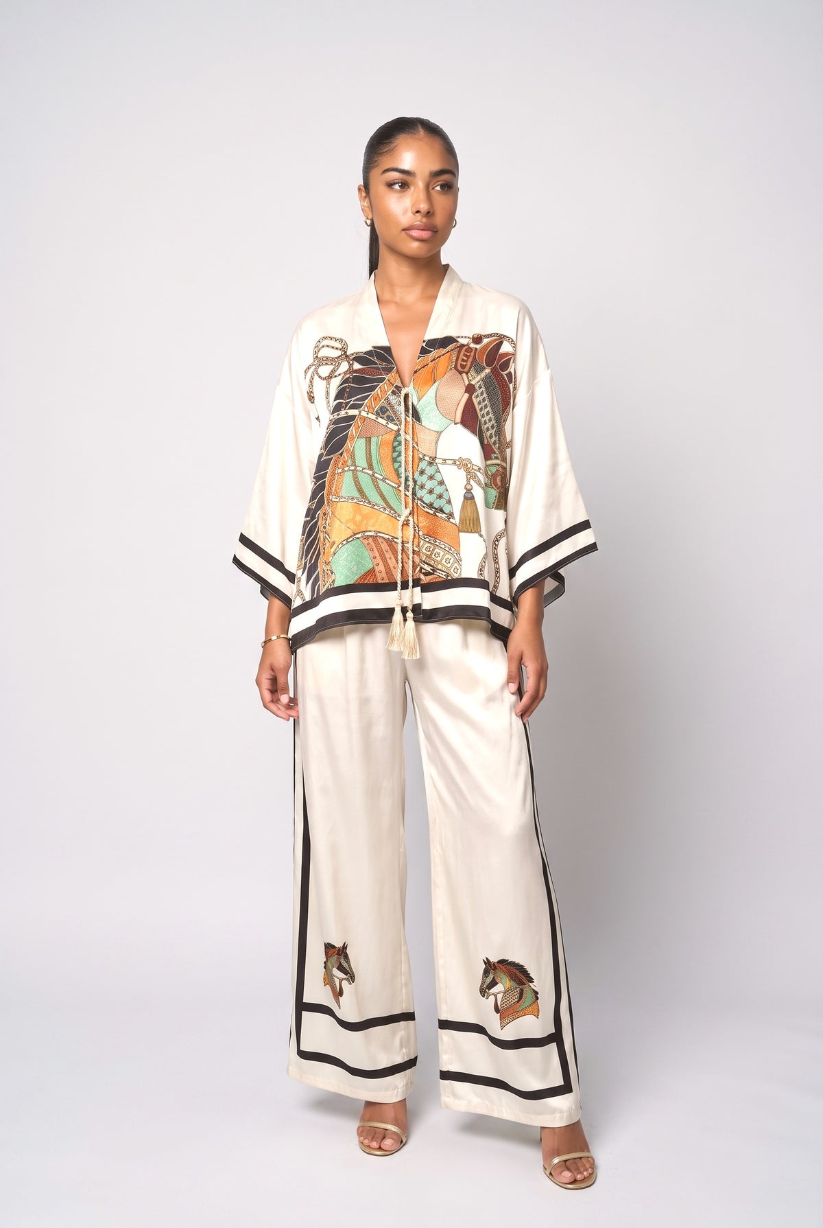 Horse Print Satin Kimono Top & Pants Two-Piece Set, cream set