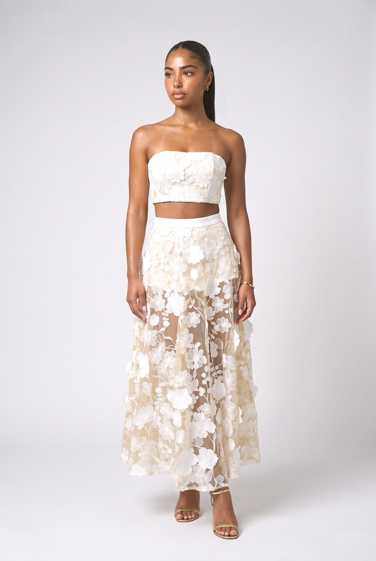Floral Lace Strapless Outfit Set, cream set