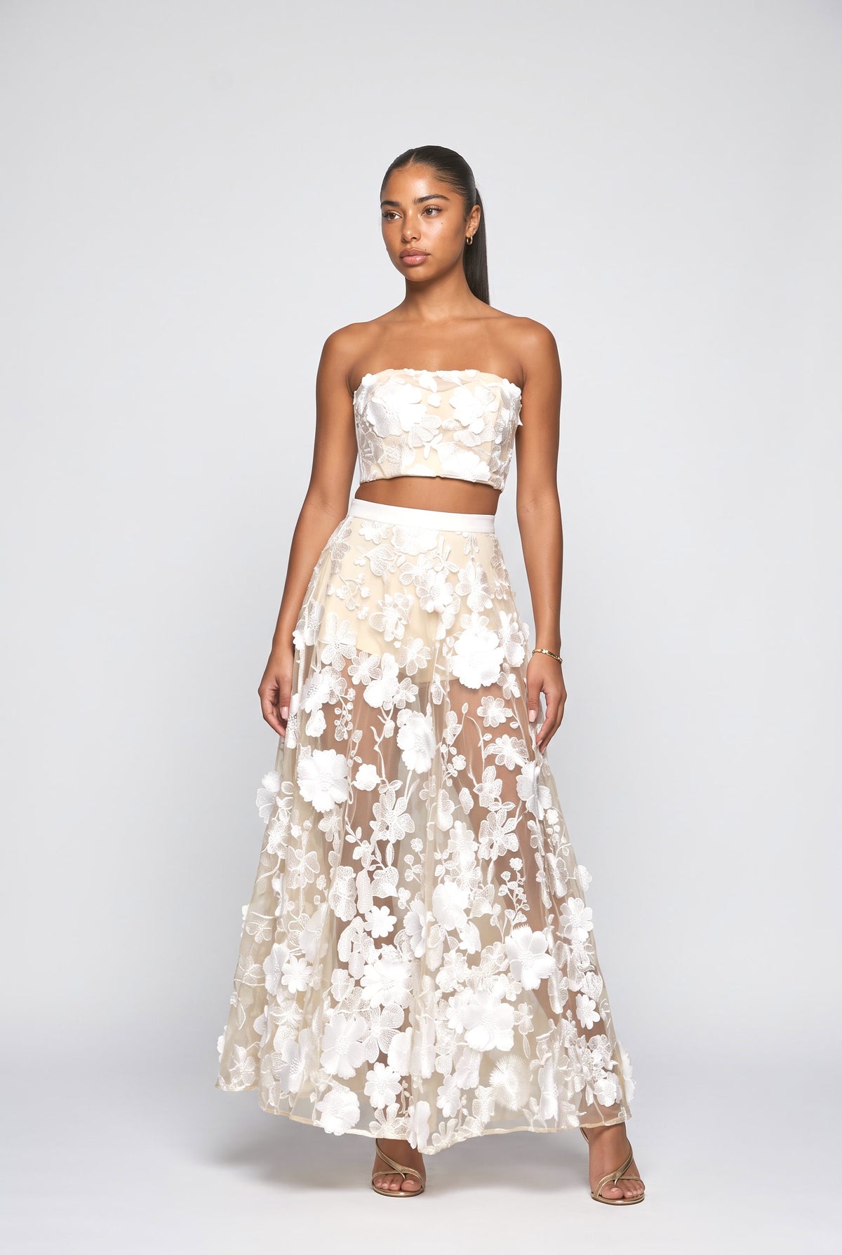 Floral Lace Strapless Outfit Set, cream skirt