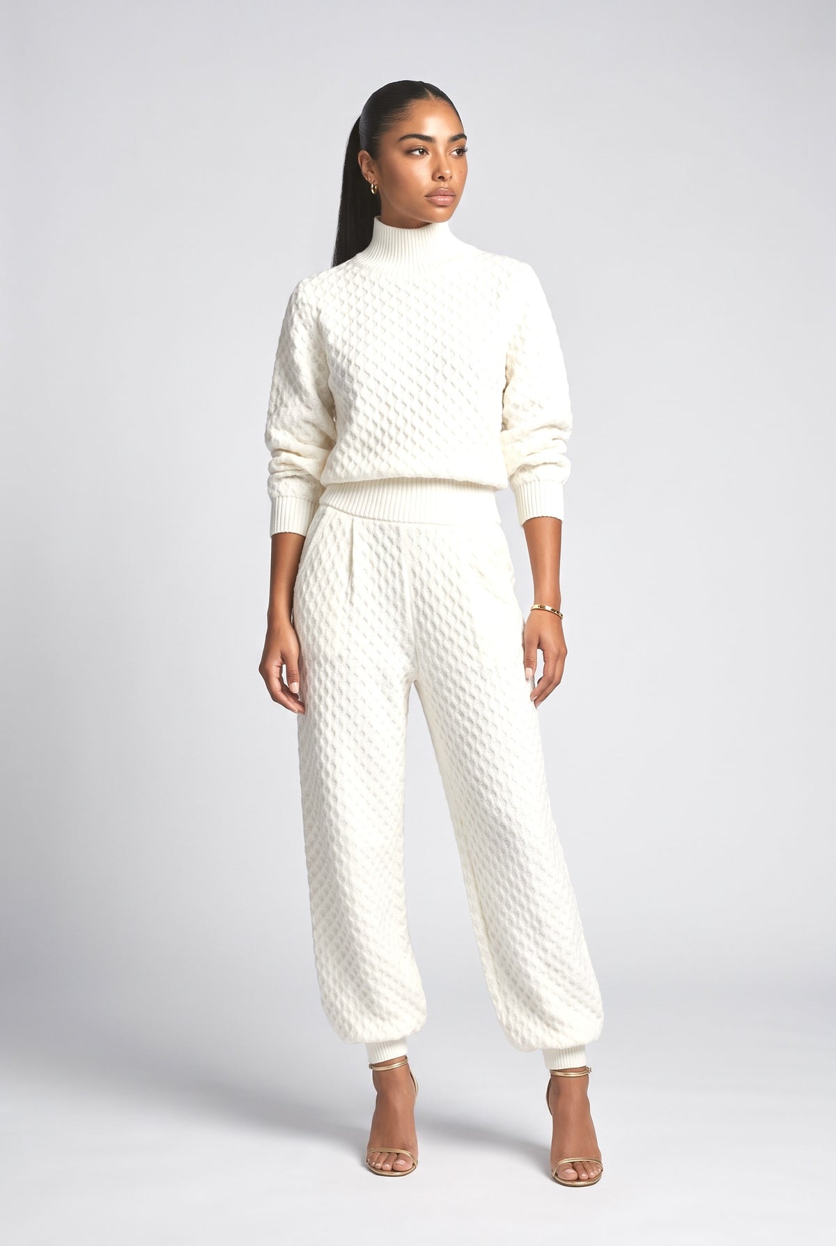 Textured Knit Lantern-Leg Pants, cream top