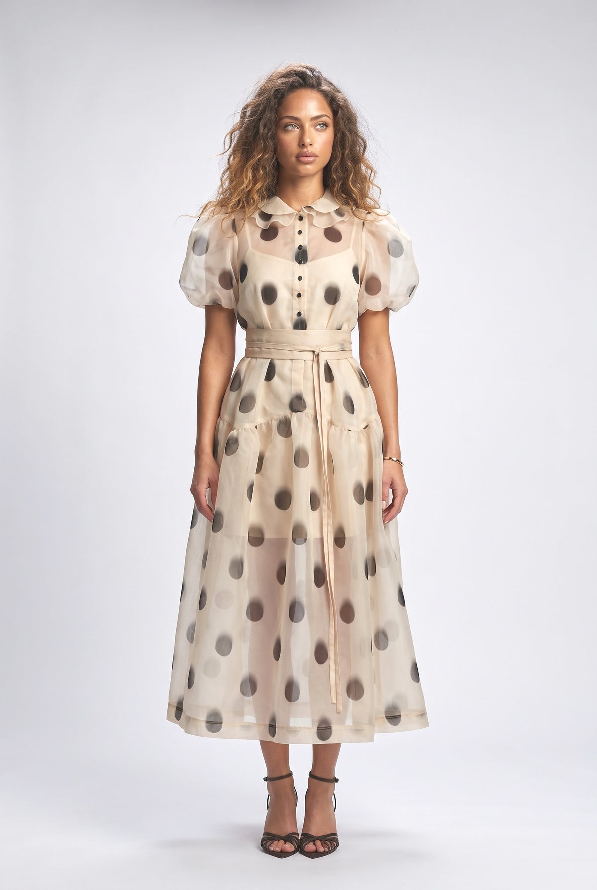 Beige Polka Dot Puff Sleeve Midi Dress, cream