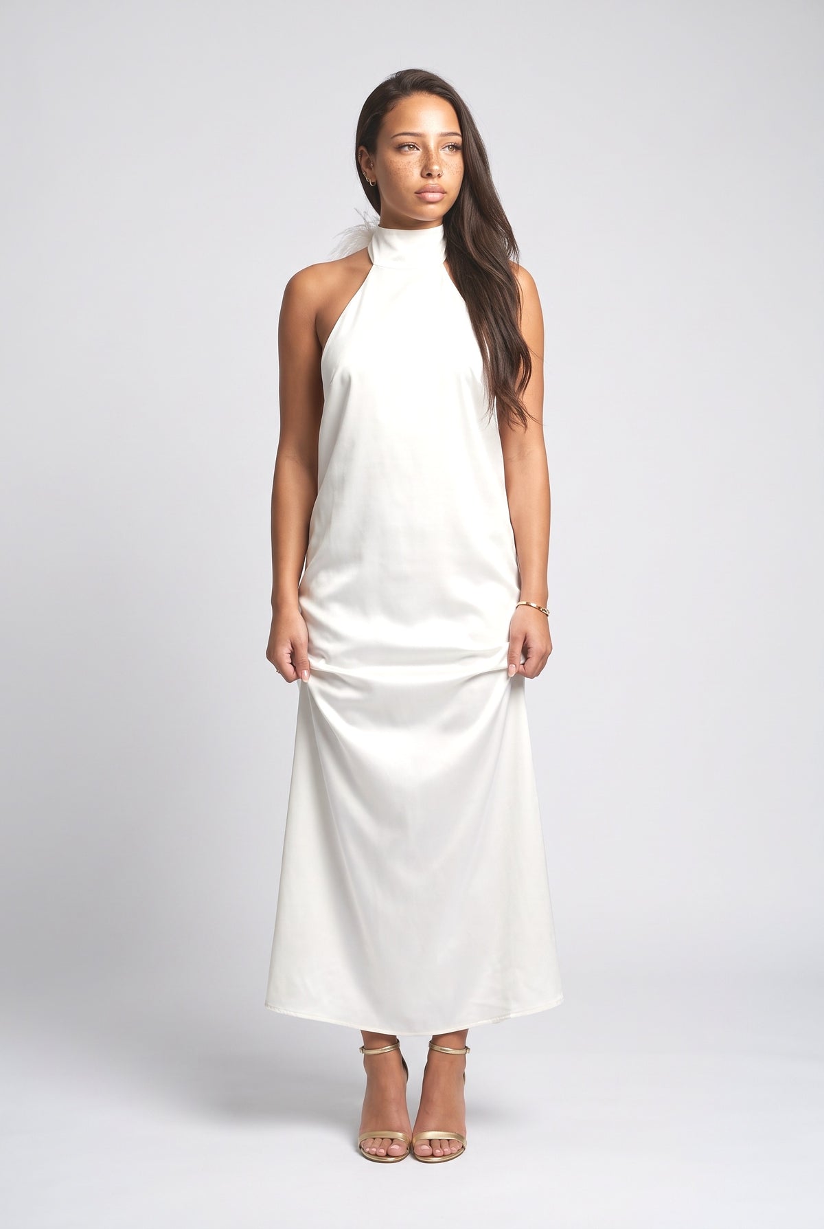 Satin Halter Neck Feather Trim Maxi Dress, cream