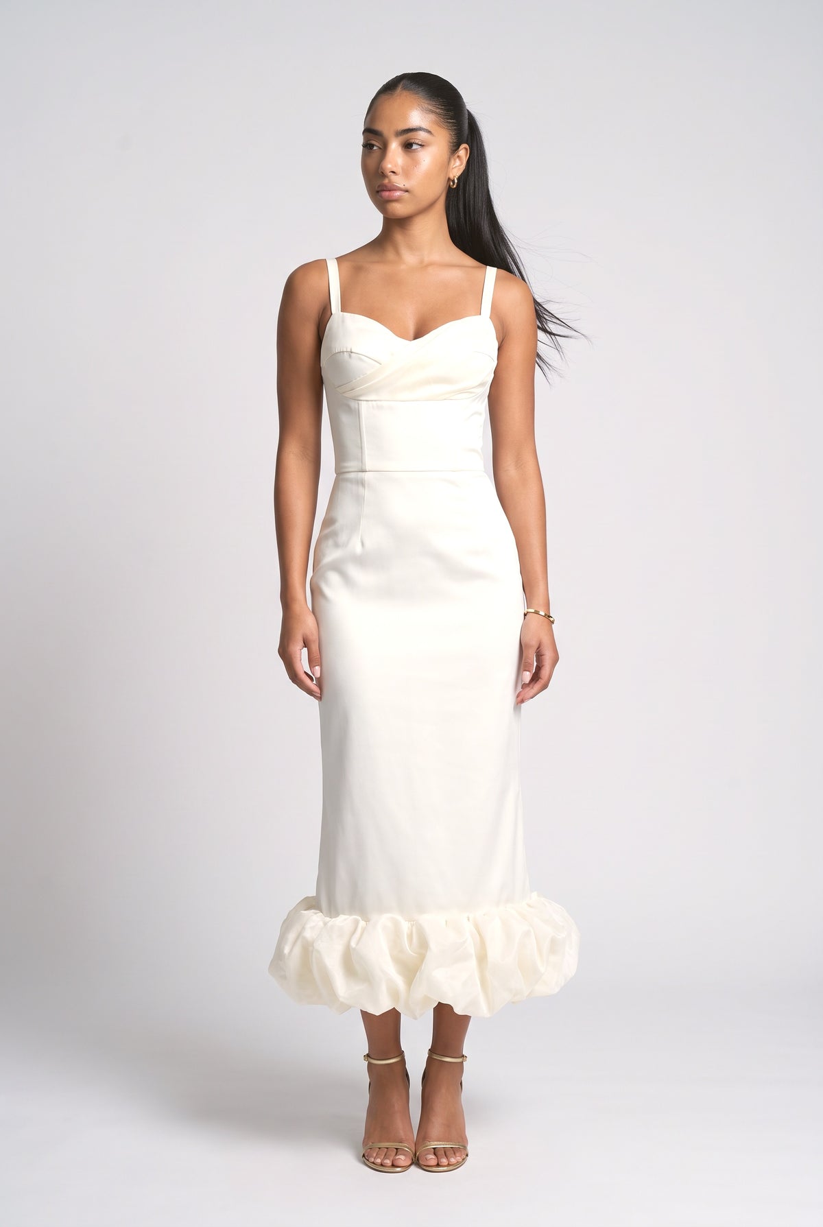 Satin Sweetheart Ruffle Maxi Dress, cream