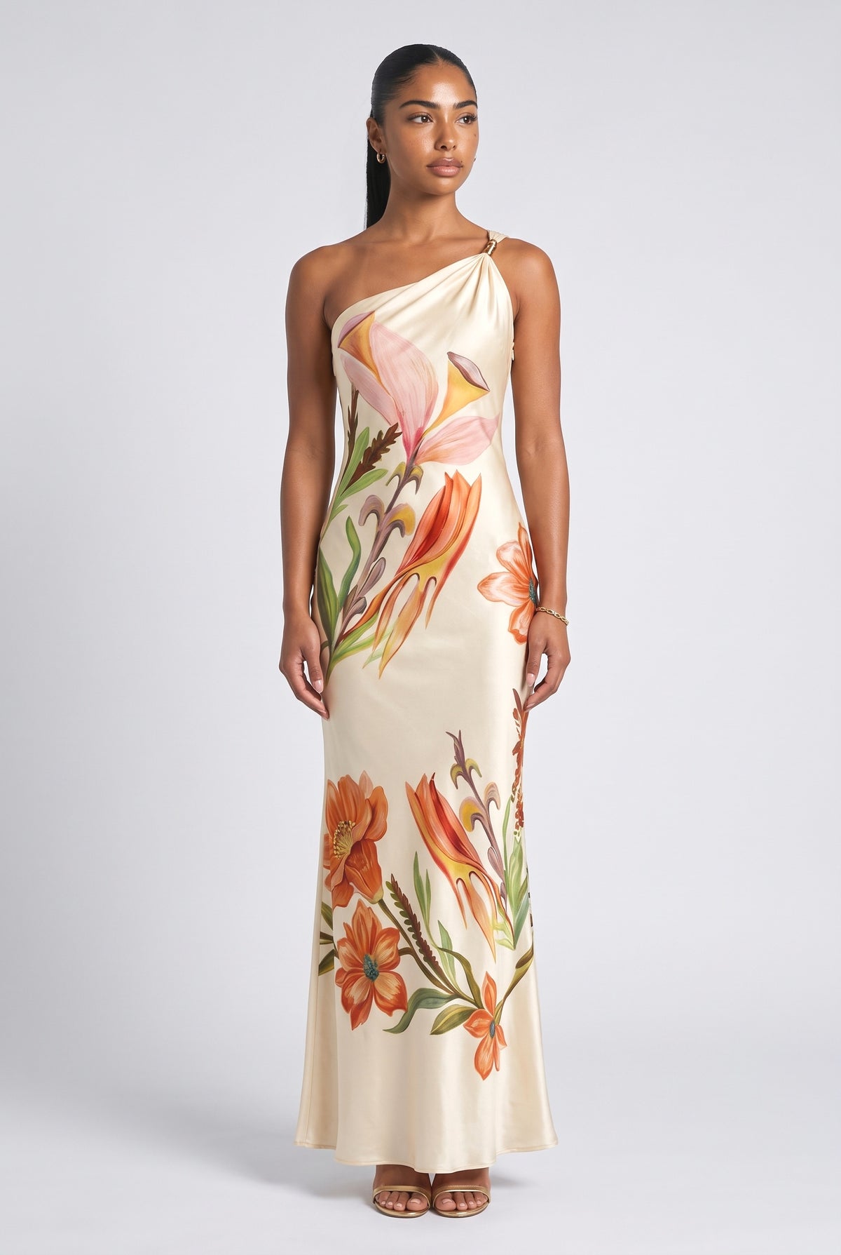 Beige Floral Satin One-Shoulder Maxi Dress, cream