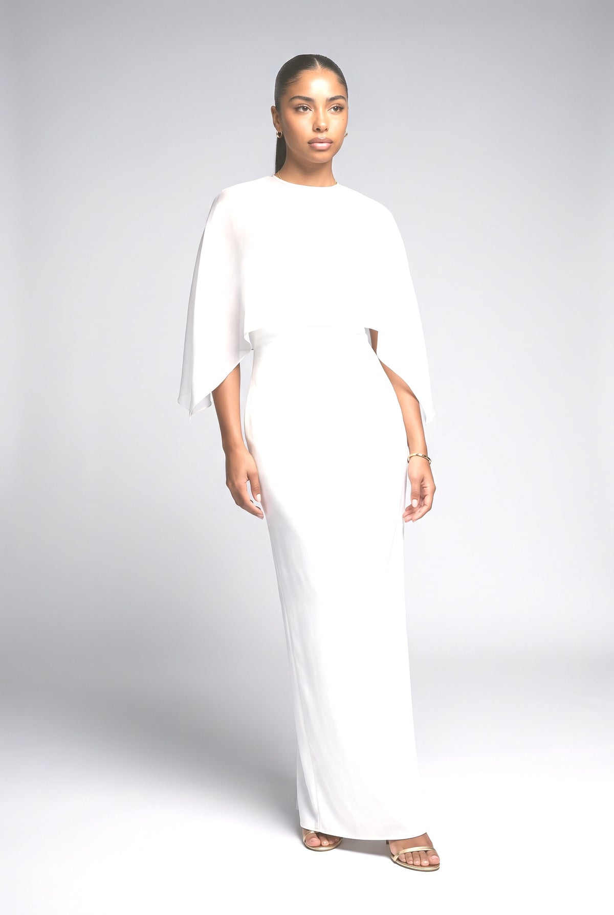 Sheer Cape Overlay Satin Maxi Dress, cream