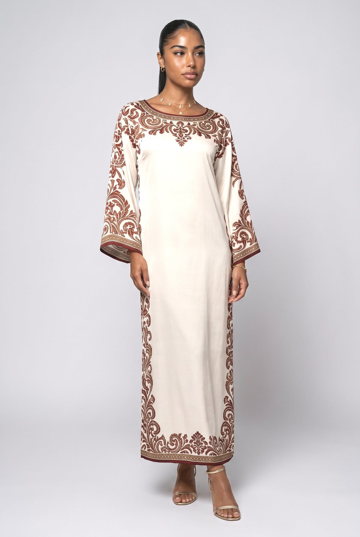 Beige Floral Satin Batwing Sleeve Maxi Dress, cream