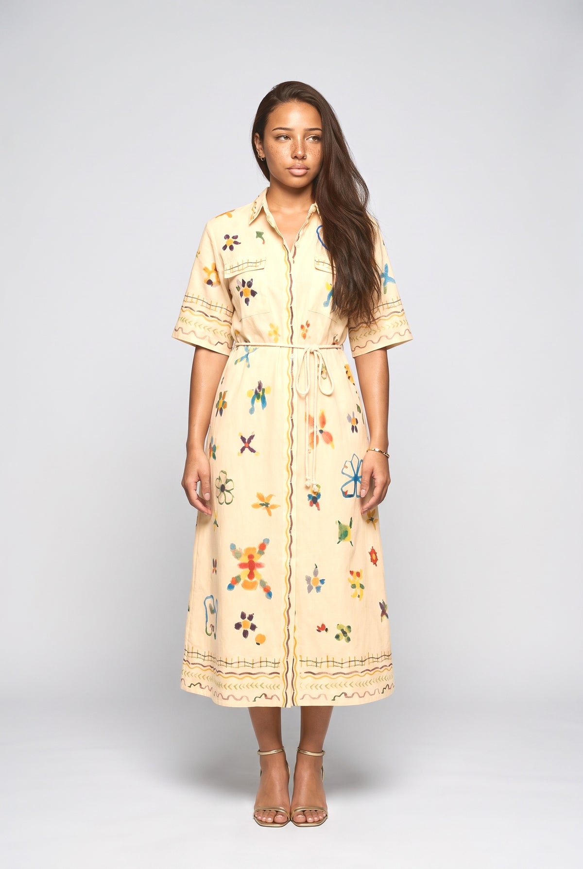 Hand-Painted Watercolor Print Shirt Midi Dress, cream