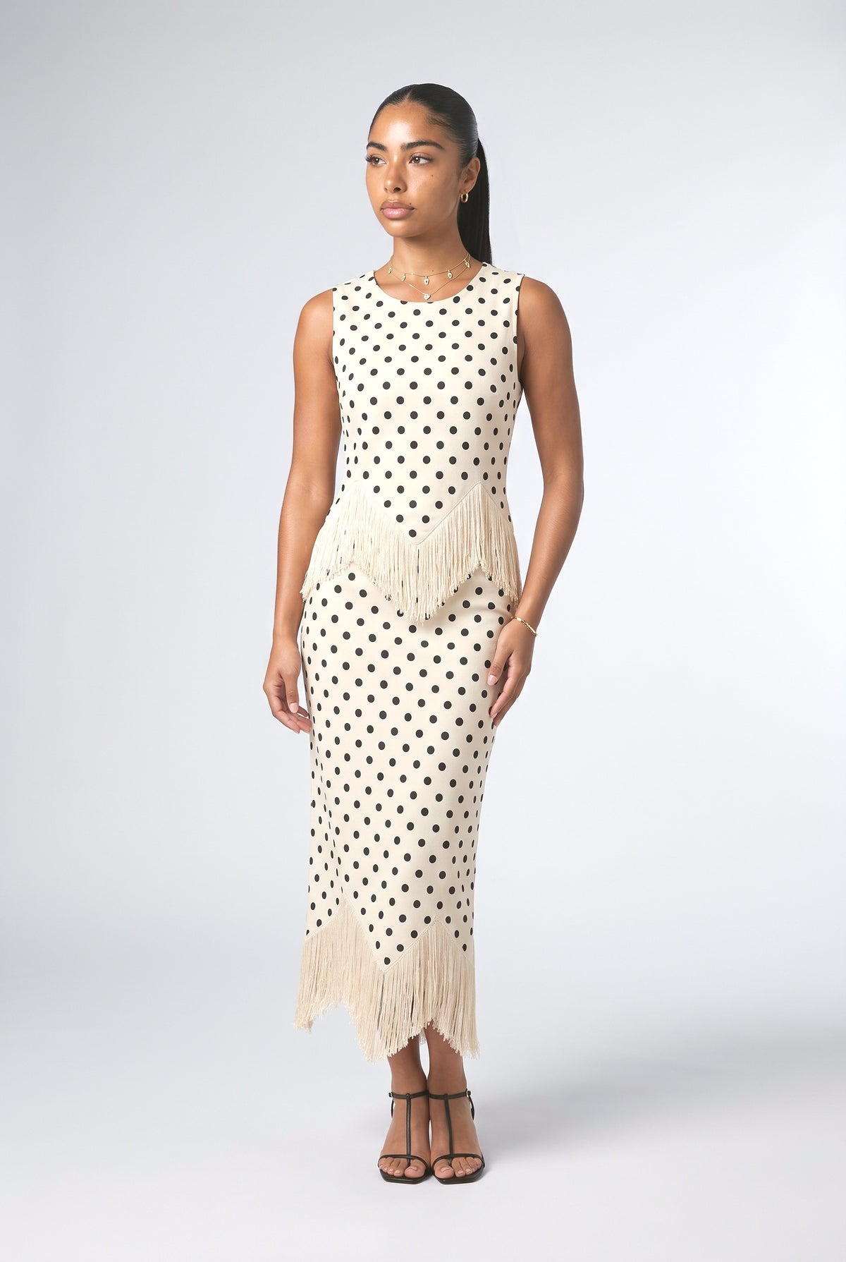 Beige Polka Dot Fringe Outfit Set, cream