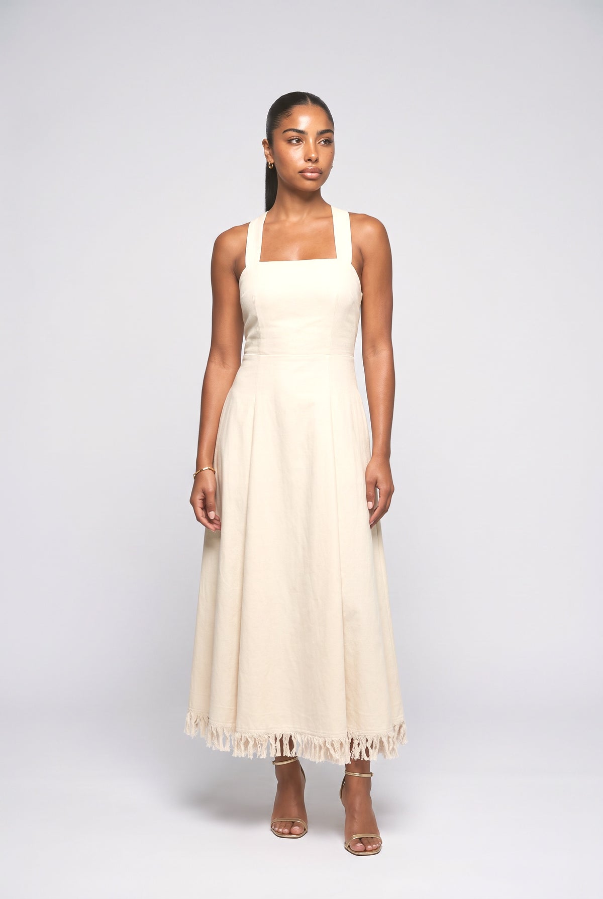 Beige Square Neck Sleeveless Maxi Dress, cream