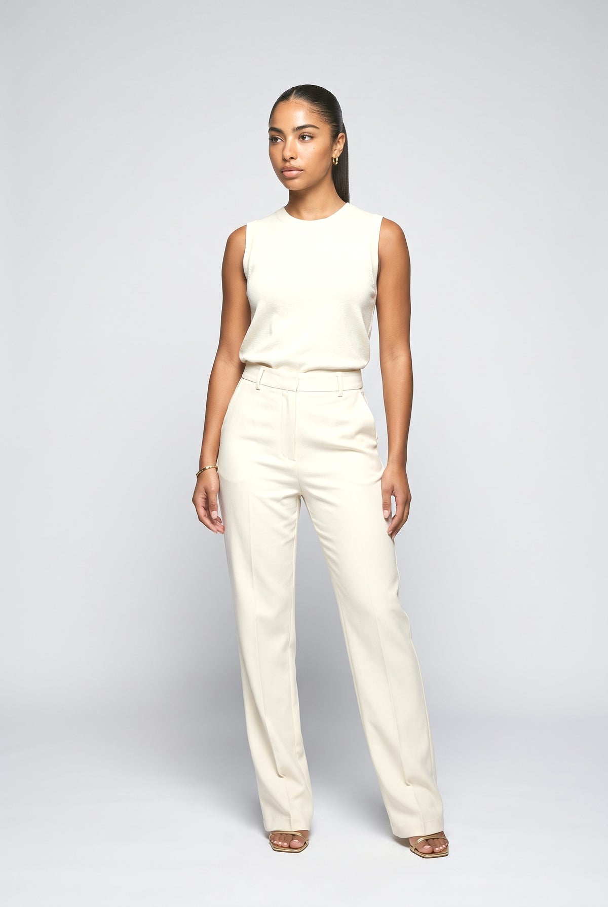 High-waist Straight-leg Pants, cream