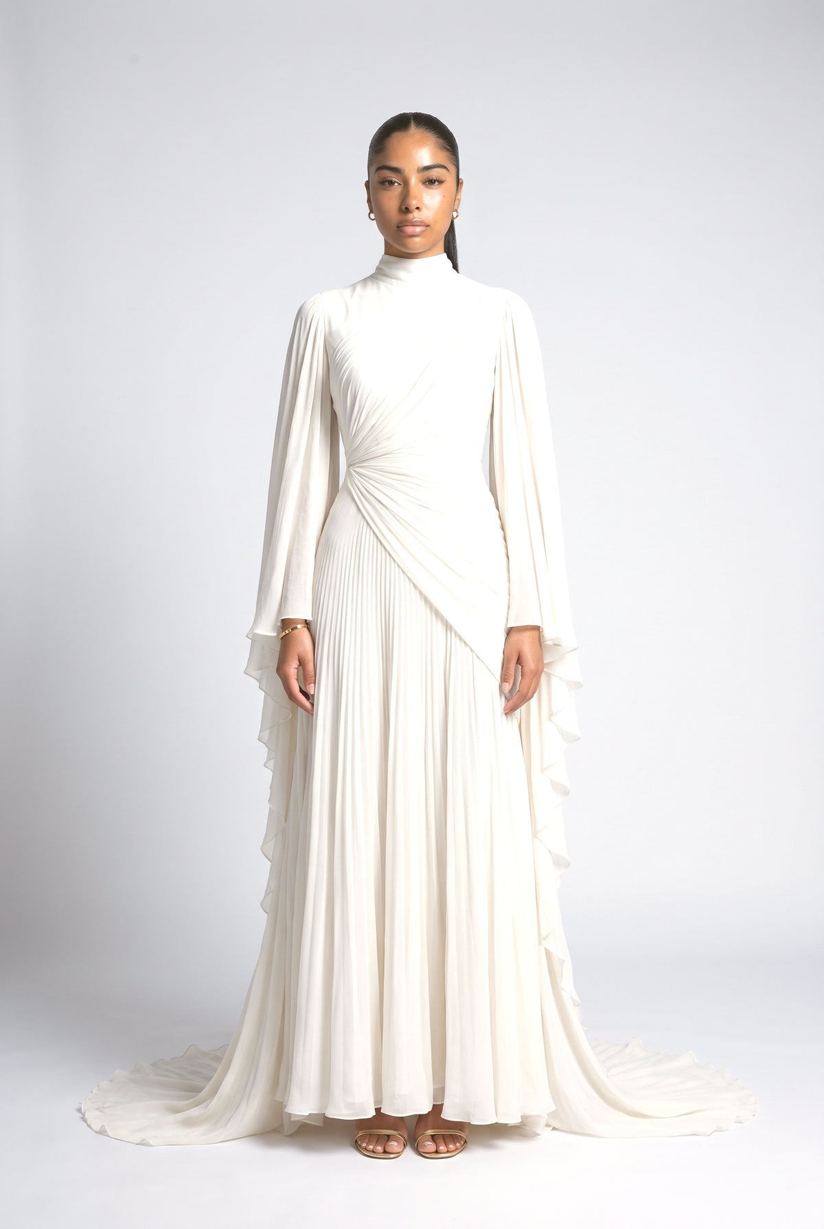 Chiffon High Neck Pleated Maxi Dress, cream