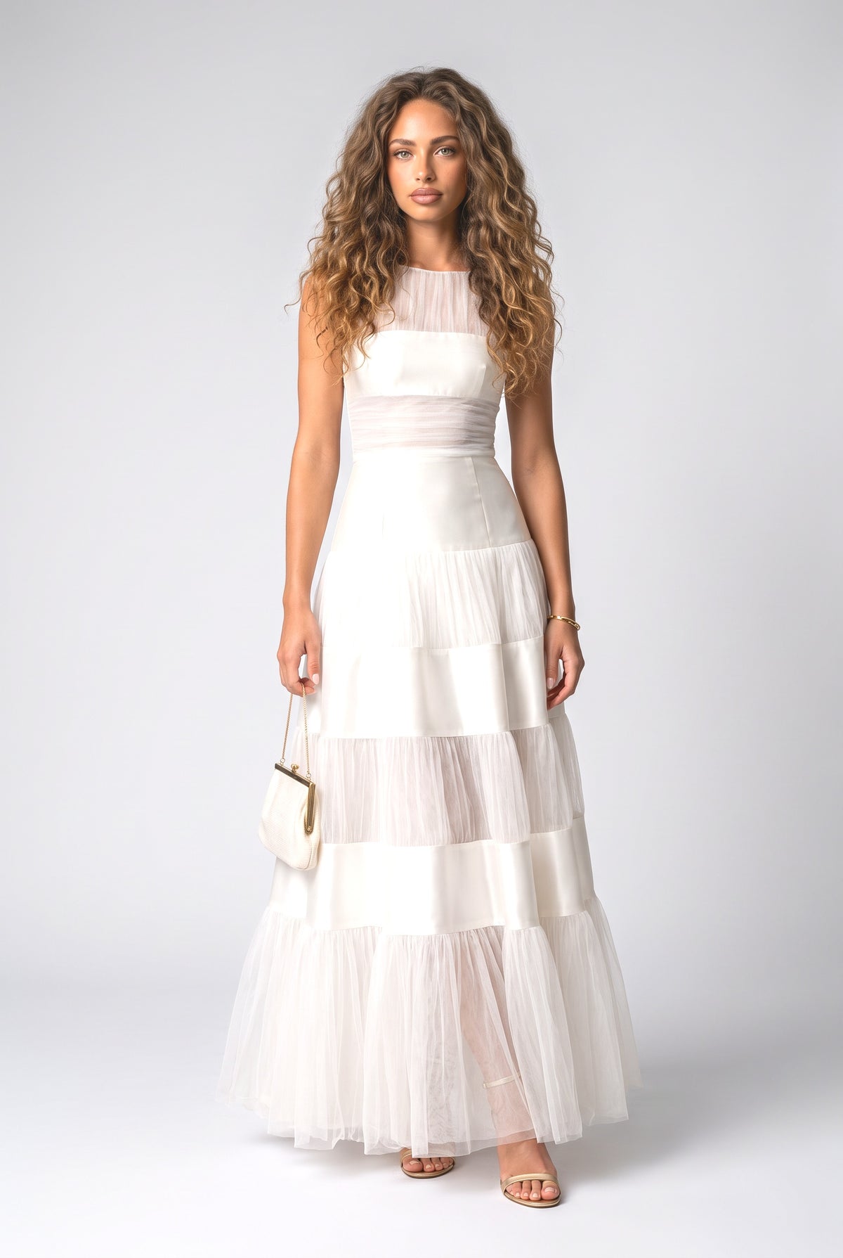 Beige Satin Sleeveless Pleated Maxi Dress, cream
