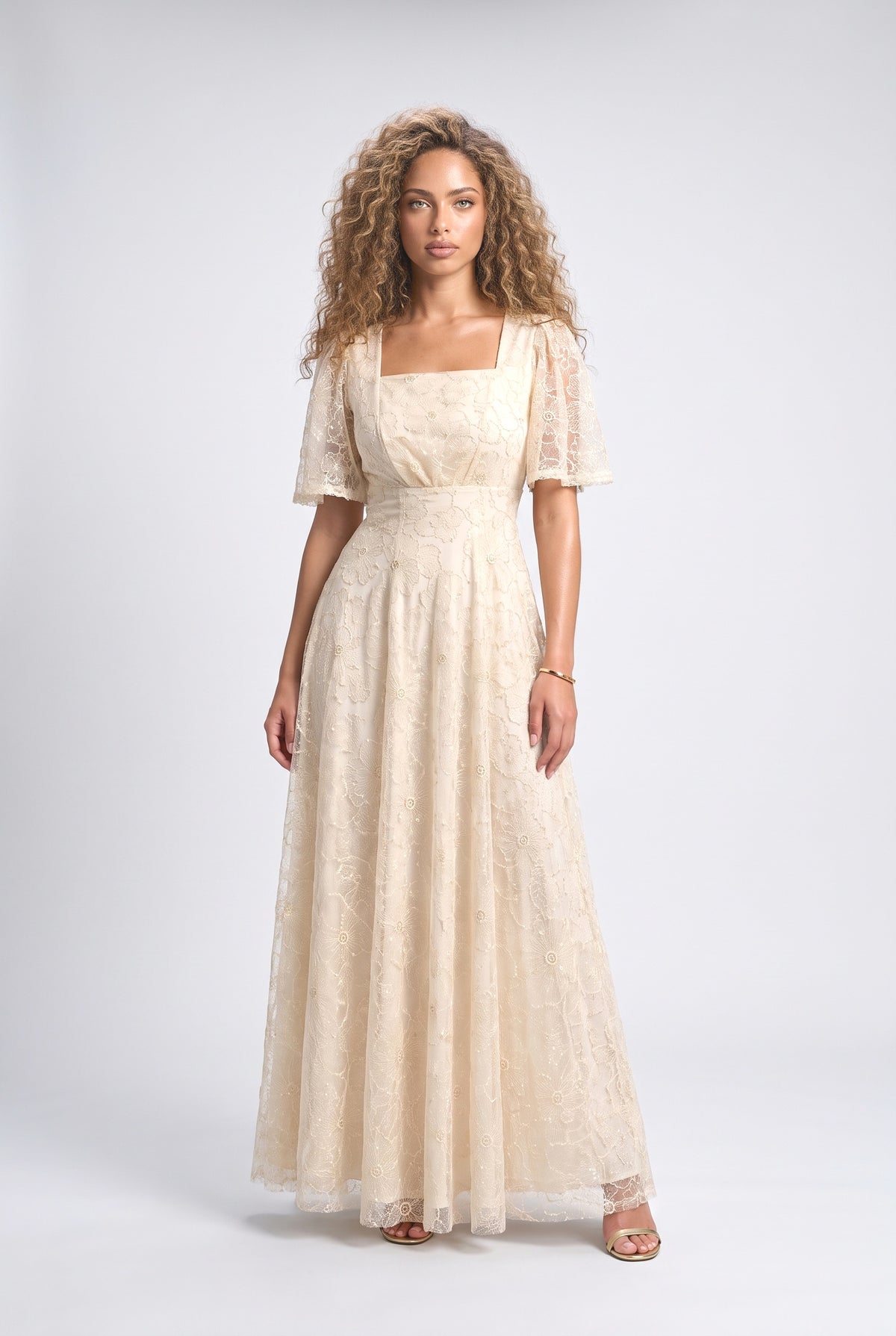 Floral Tulle Square Neck Maxi Dress, cream