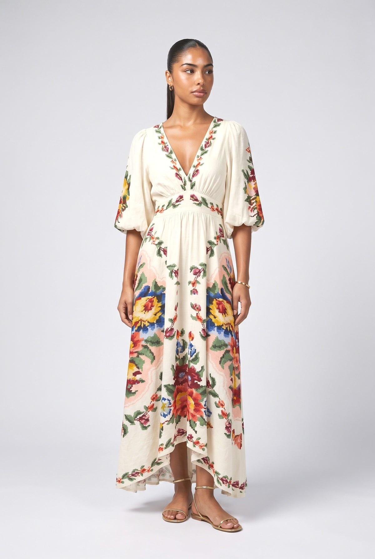 Beige Floral V-Neck Empire Waist Maxi Dress, cream