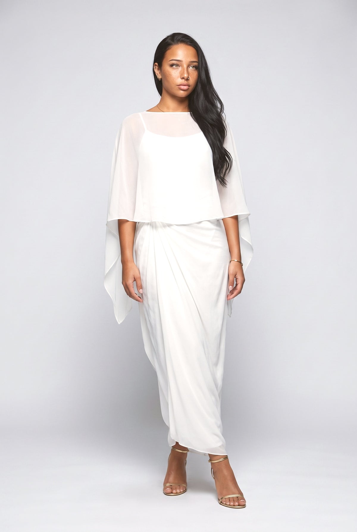Chiffon Cape Top & Wide-Leg Pants Two-Piece Set, cream