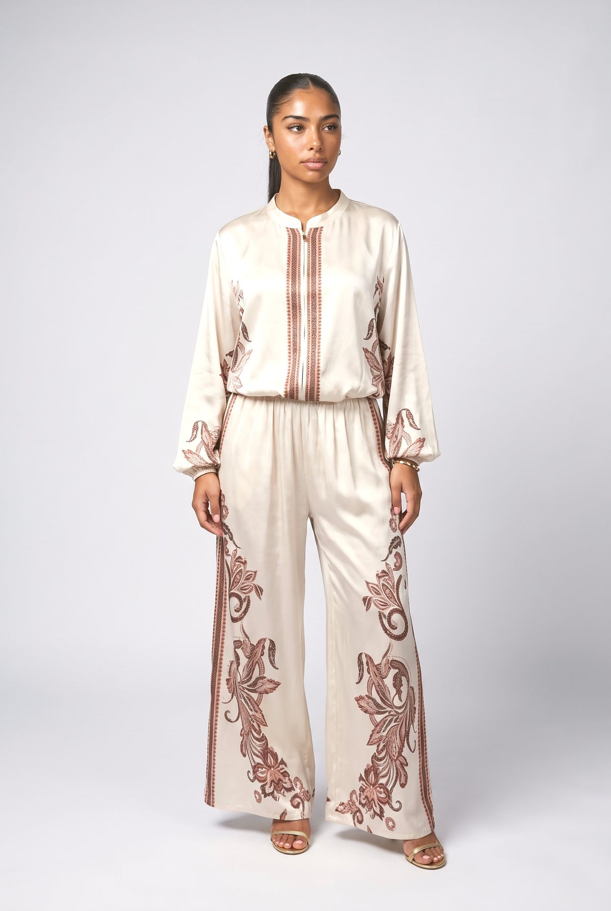 Beige Floral Satin Outfit Set, cream